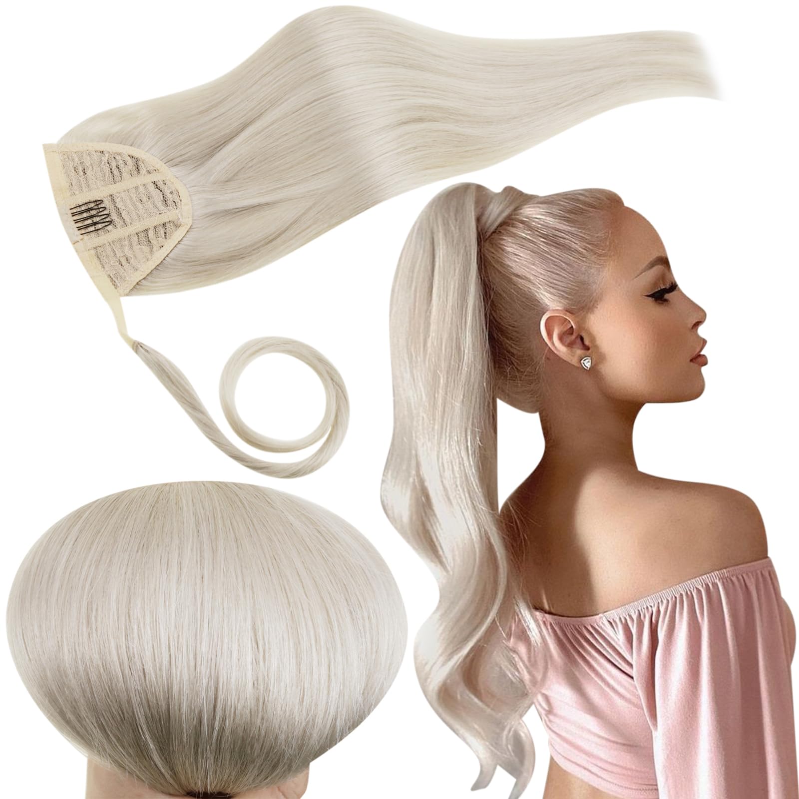 RUNATURE Blonde Ponytail Extension Human Hair, Wrap Around Real Hair Ponytail Extension, Clip in Real Human Hair Ponytail for Lo
