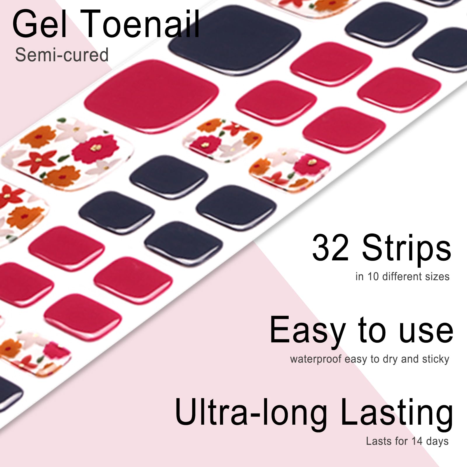 Wekcekcek Semi Cured Gel Toenail Strips, 32 Rose & Sapphire Flower Gel Toenail Stickers - Works With Any Nail Lamps Gel Pedicure