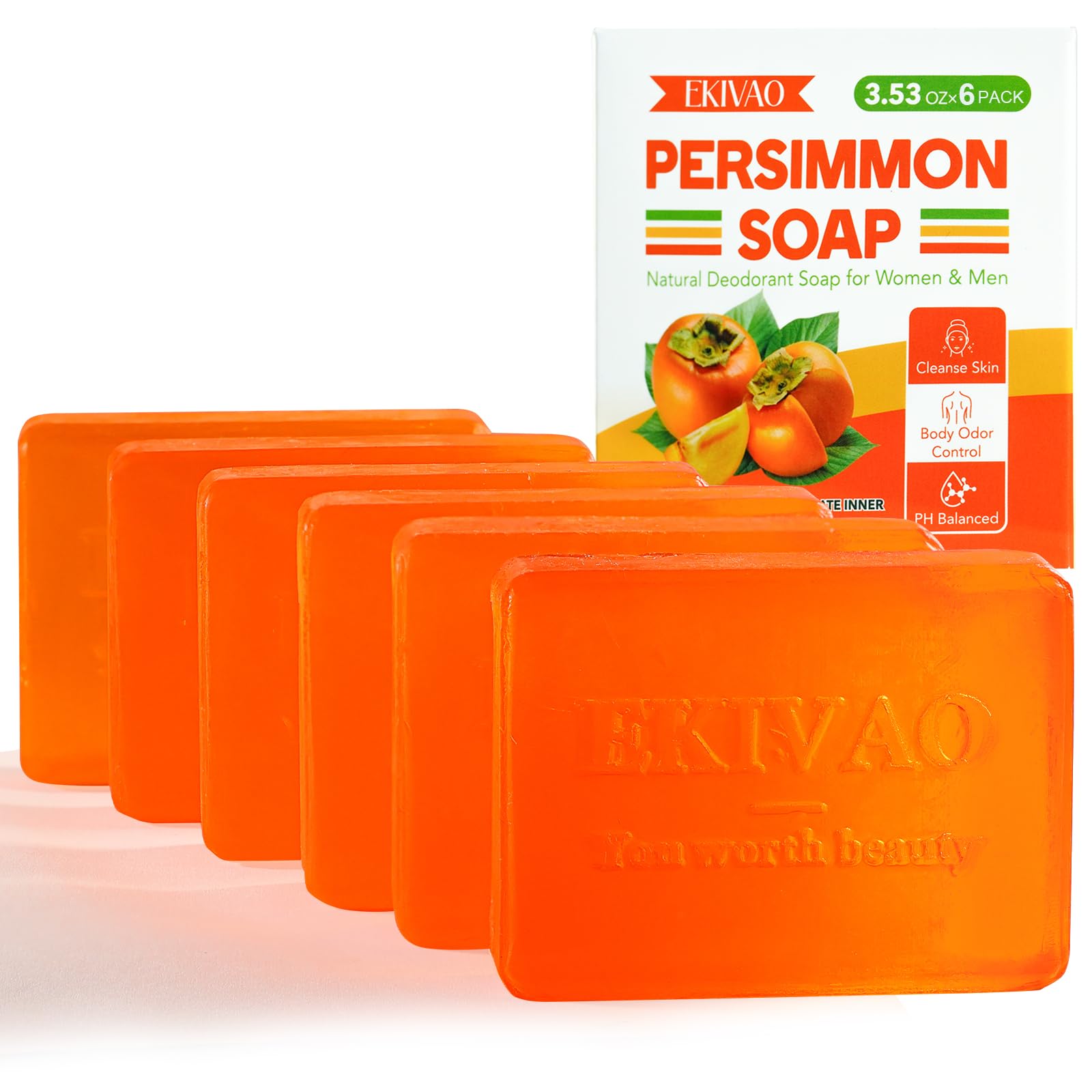 EKIVAO 6 PCS Persimmon Soap Bar for for Old People Smell, Natural Deodorant Body Bar Soap for Odor Control, Remove Strong Smell,