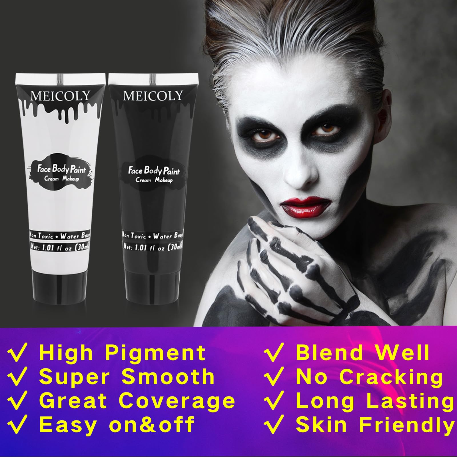 Meicoly Black White Face Body Paint With Sponges,Water Based Face Paint For Adults And Kids,Cream Body Paint,Face Painting For C