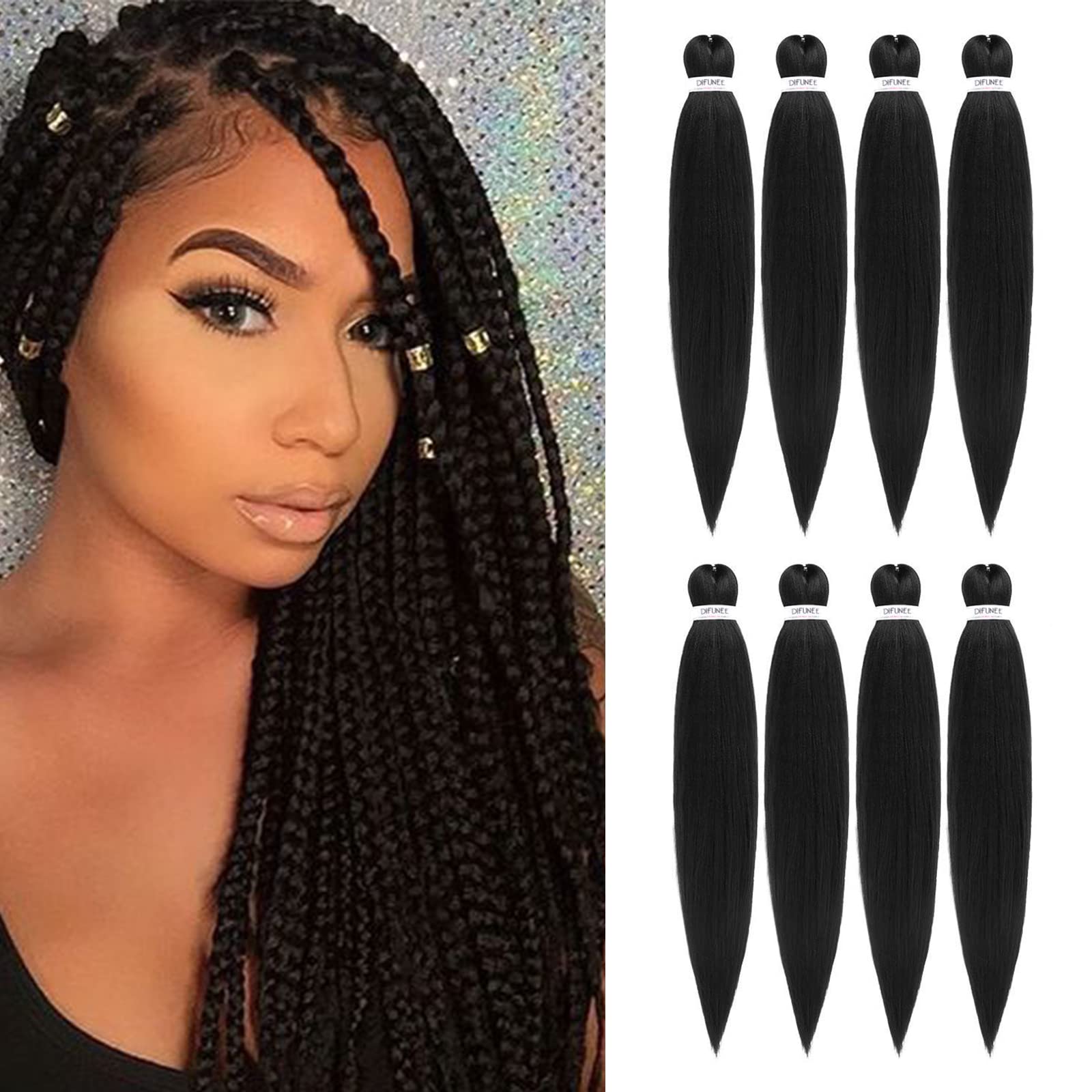 Difunee Pre-Stretched Braiding Hair - 18 Inch 8 Packs Natural Black Long Braiding Hair For Twist Or Box Braids, Yaki Texture Hot