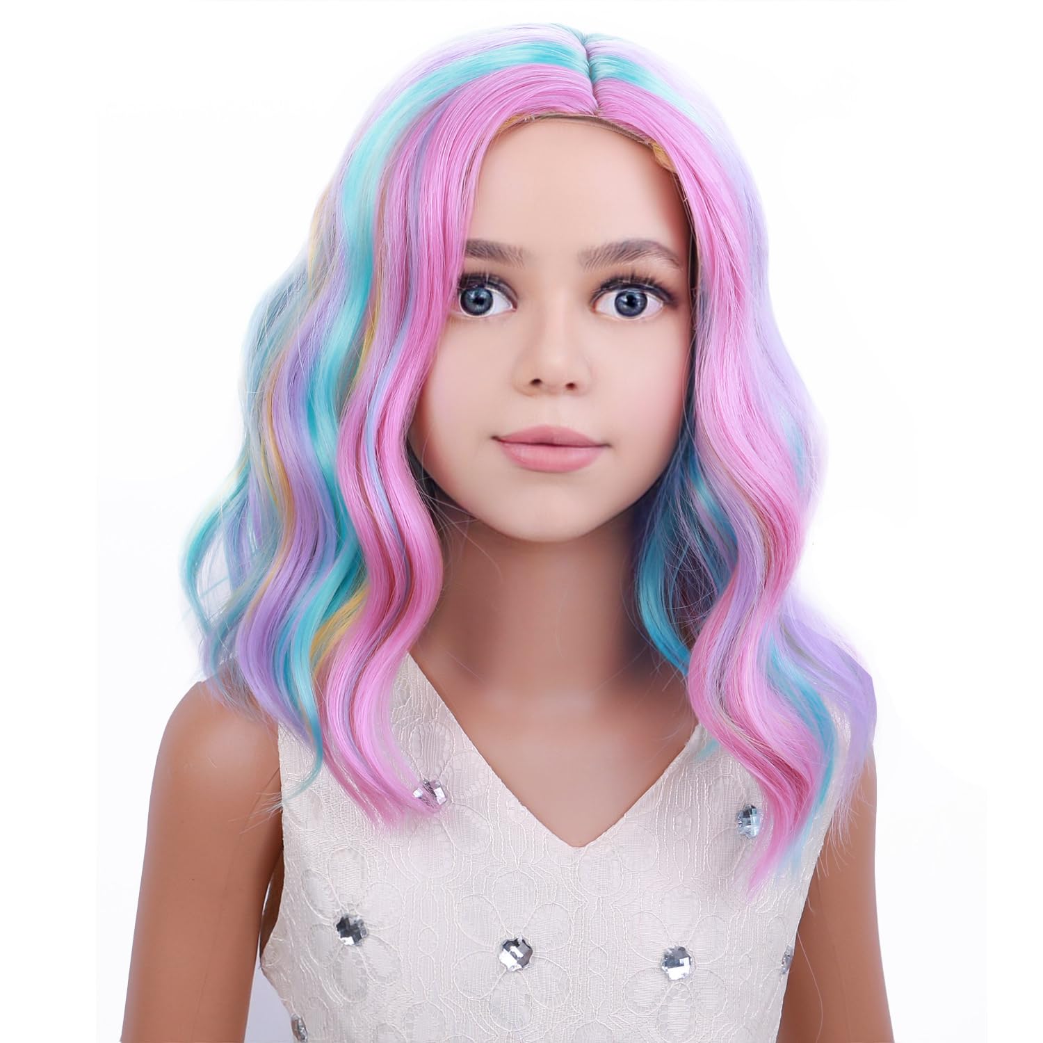 Pattnium Rainbow Wig Kids Child Wig Short Wavy Wig Rainbow Wig Multicolor Wig Girls Synthetic Wig Cosplay Halloween Party Costum