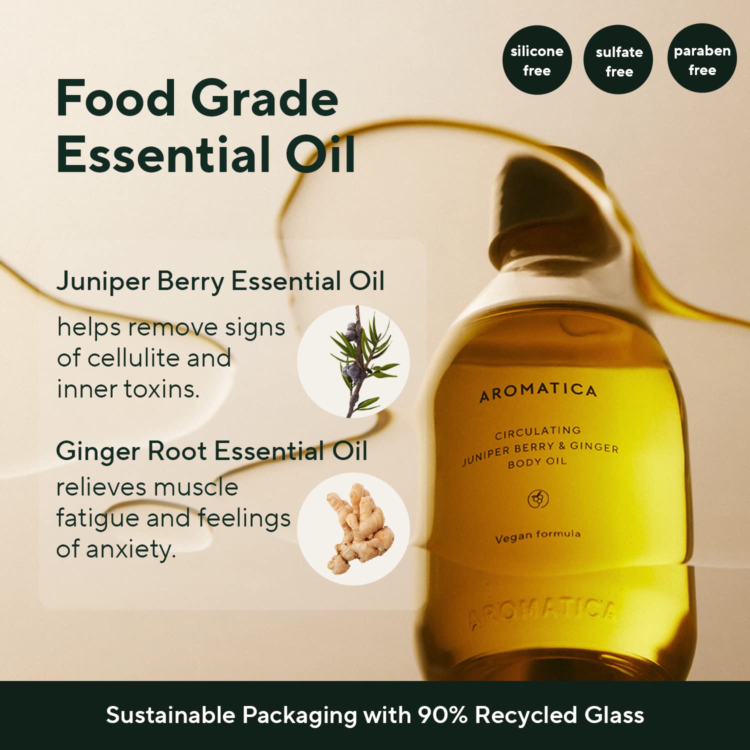 Aromatica Circulating Body Oil Juniper Berry & Ginger - 100Ml / 3.38 Fl. Oz. - Aromatherapy Massage Oil | Scented Body Oil After