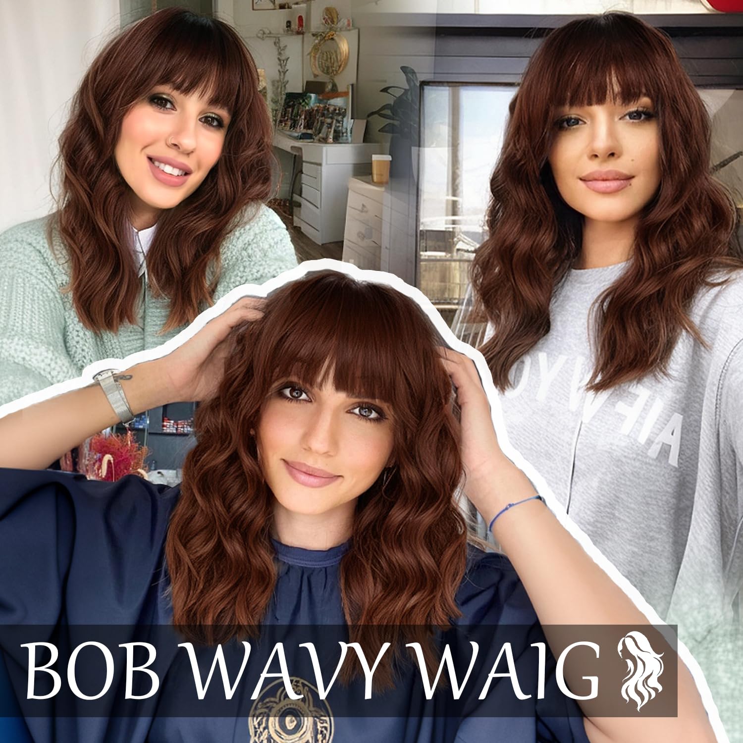Aisi Hair Synthetic Wavy Curly Bob Wig With Bangs Ombre Reddish Brown Wig Short Bob Wavy Hair Wigs For Women Synthetic Heat Resi