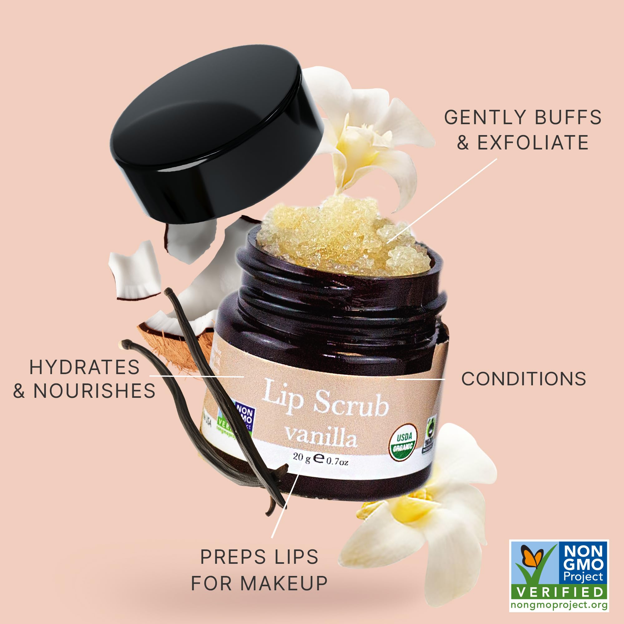 USDA Organic Lip Scrub Vanilla - USA Made All Natural Lips Exfoliator, Valentines Day Gifts, Moisturizing Scrub for Dry Lips, Li
