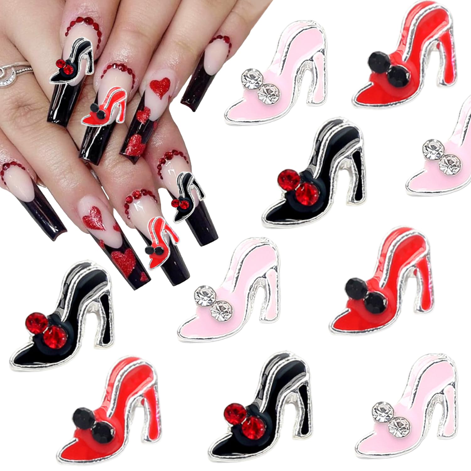15Pcs Valentines Day Nail Charms Alloy High Heels Nail Art Charms with Glitter Nail Rhinestones Black Pink Red High Heel Shoes C