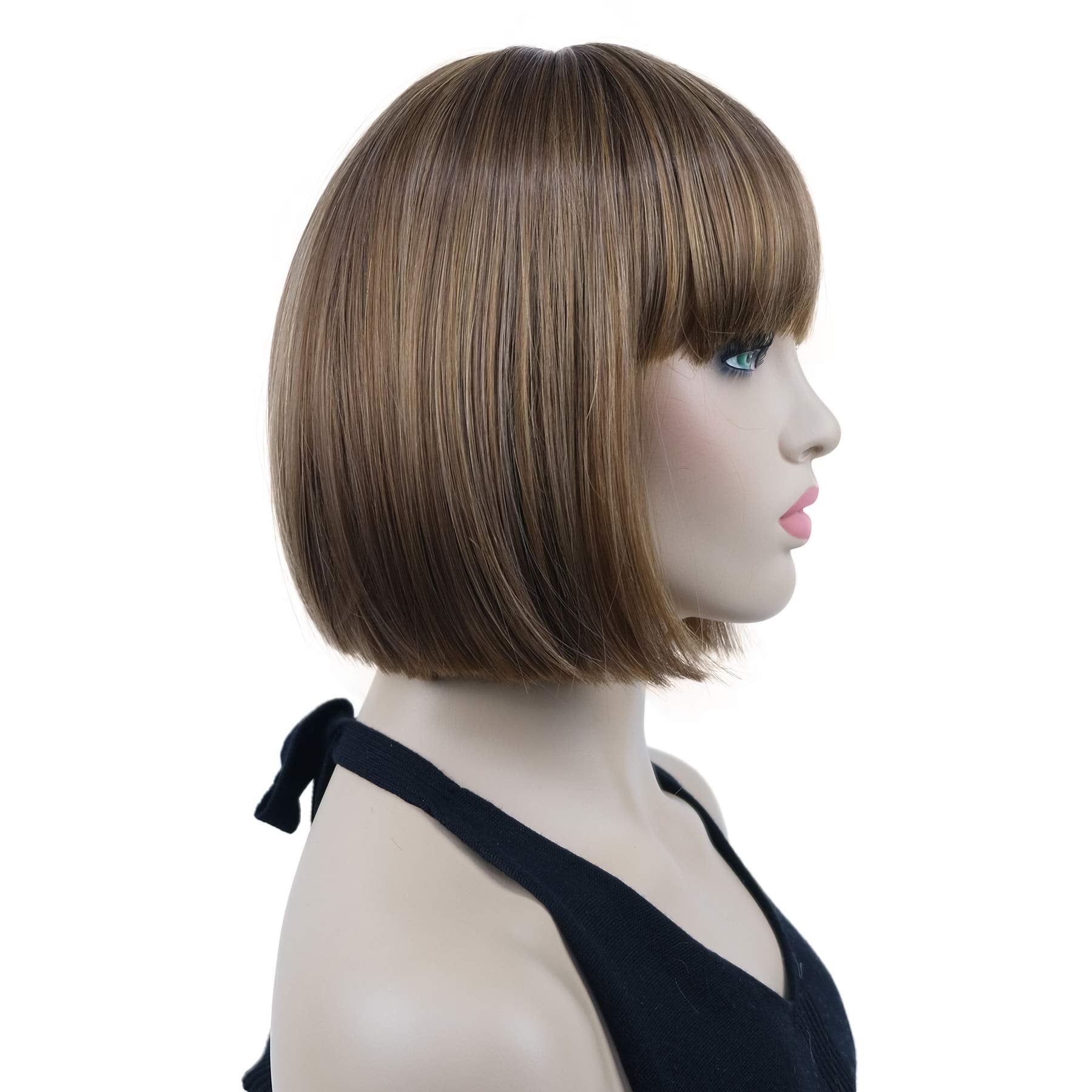 Lydell 8'' Straight Short Bob Hair Flat Bangs Cute Central Dot Skin Top Heat Resistant Synthetic Wigs (V6 Light Reddish Brown Wi