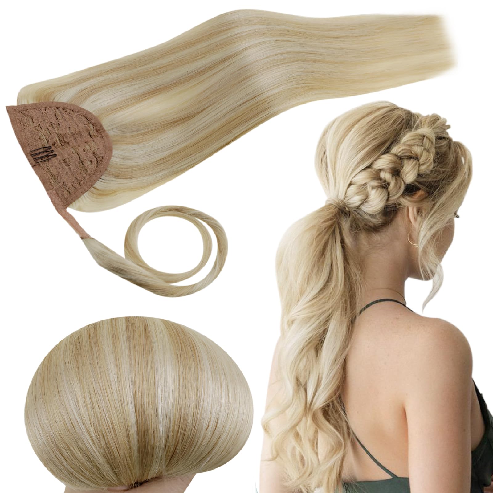 RUNATURE 16 Inch Ponytail Extension Human Hair Ash Blonde with Platinum Blonde Human Hair Ponytail with Clip Full Ends Long Real