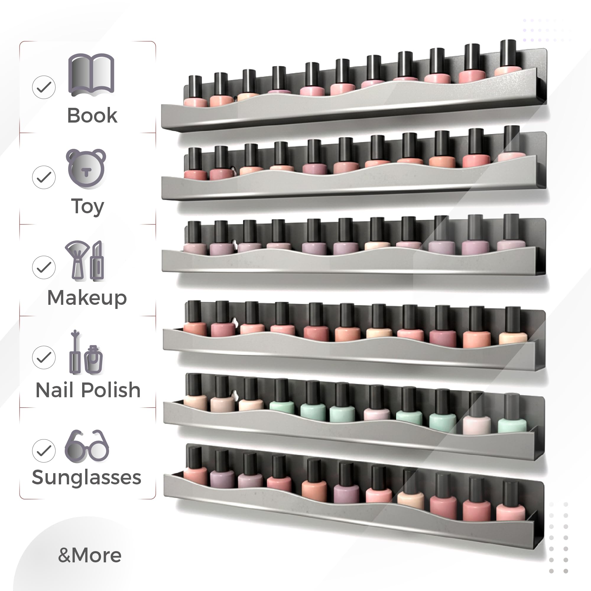YMVV 15 Nail Polish Racks Wall Mounted Shelf,6 Pack Grey Acrylic Nail Polish Organizer Nail Supplies for Nail Techs,Great Displa