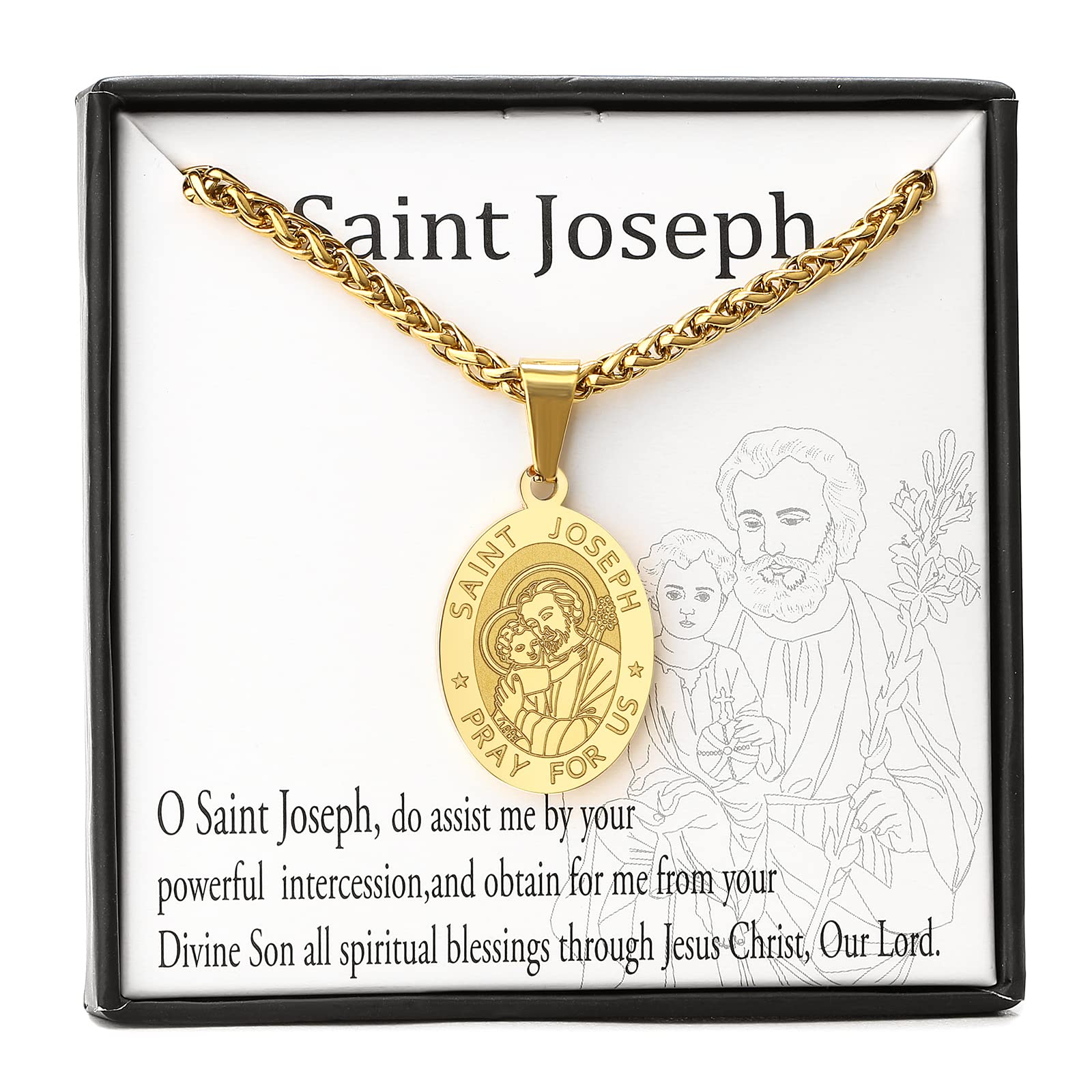 Zocomi 18K Gold Plated Saint St Joseph Medal Necklace for Men Boys, St. Joseph Pendant Chain Jewelry Catholic Christian Religiou