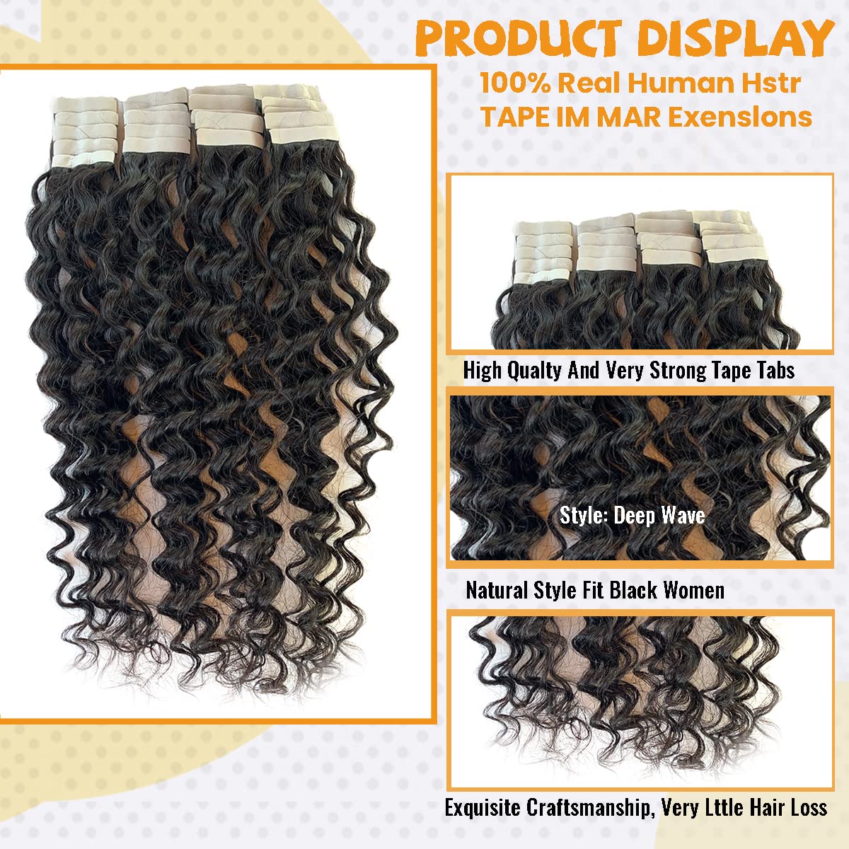 Tape In Hair Extensions Human Hair For Black Women,16Inch Deep Wave Tape In Extensions 9A Brazilian Virgin Hair Curly Wave Tape