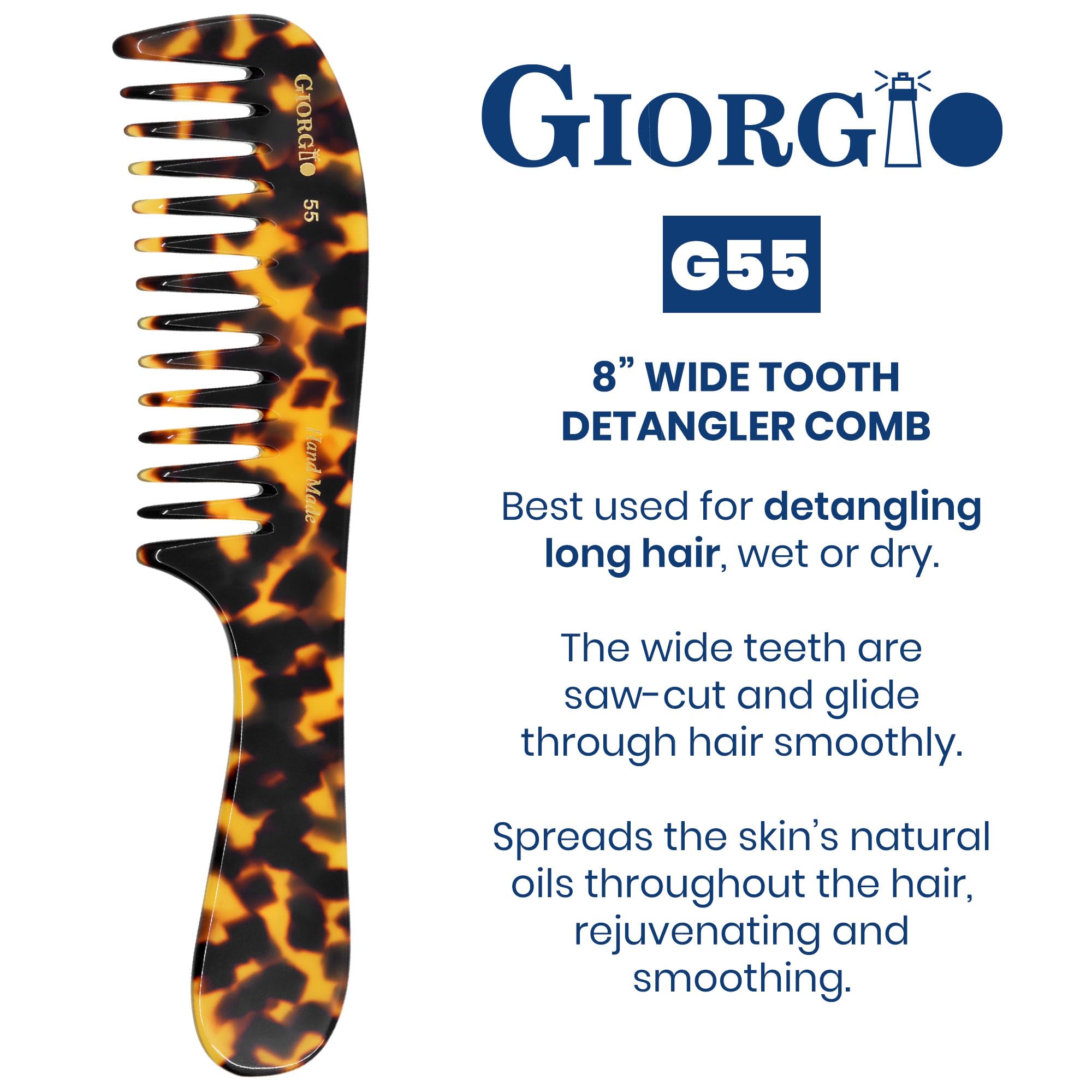 Giorgio G55 Wide Tooth Comb For Wet Hair, Hair Comb For Thin To Medium Hair Handmade Detangler Hair Comb, Hair Combs For Women A