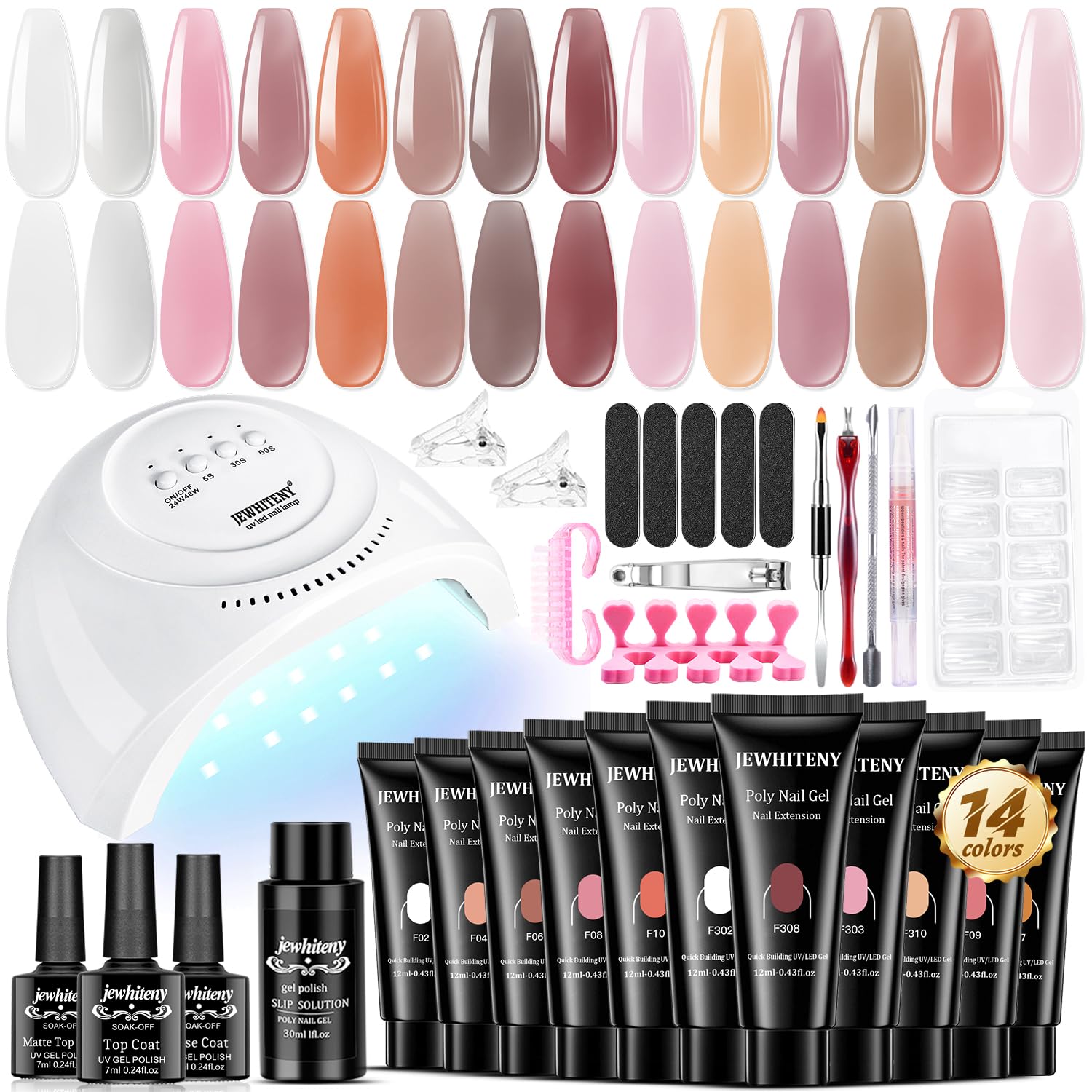 JEWHITENY Poly Extension Gel Nail Kit With 48W LED Nail Lamp 14 Colors Builder Extension Gel All-in-One French Kit Nail Art Desi