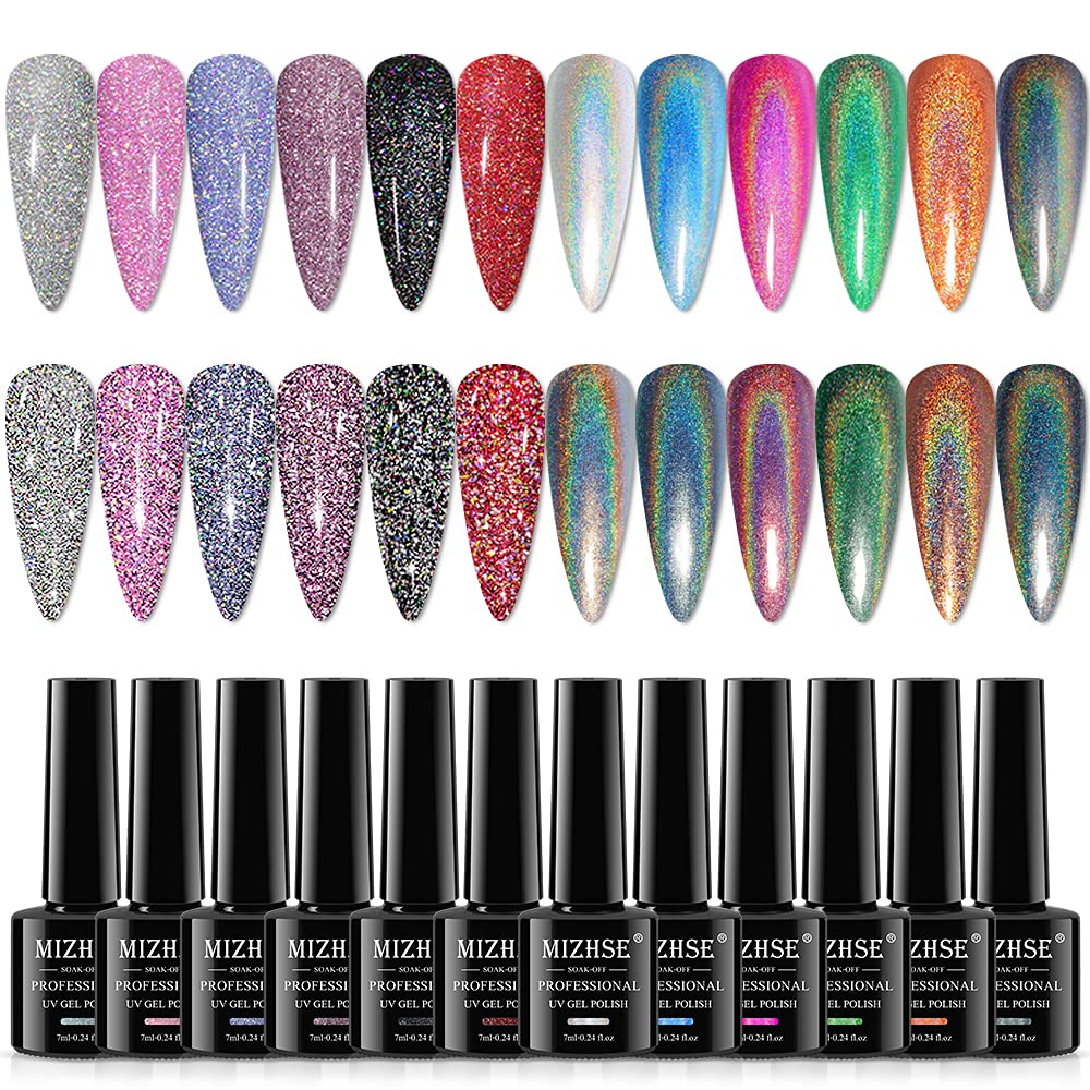 MIZHSE 6 Glitter Gel Nail Polish, 6 Holographic Gel Nail Polish, Sparkle Shiny Glitter Gel Polish Glossy Nail Lacquer Rainbow Ir