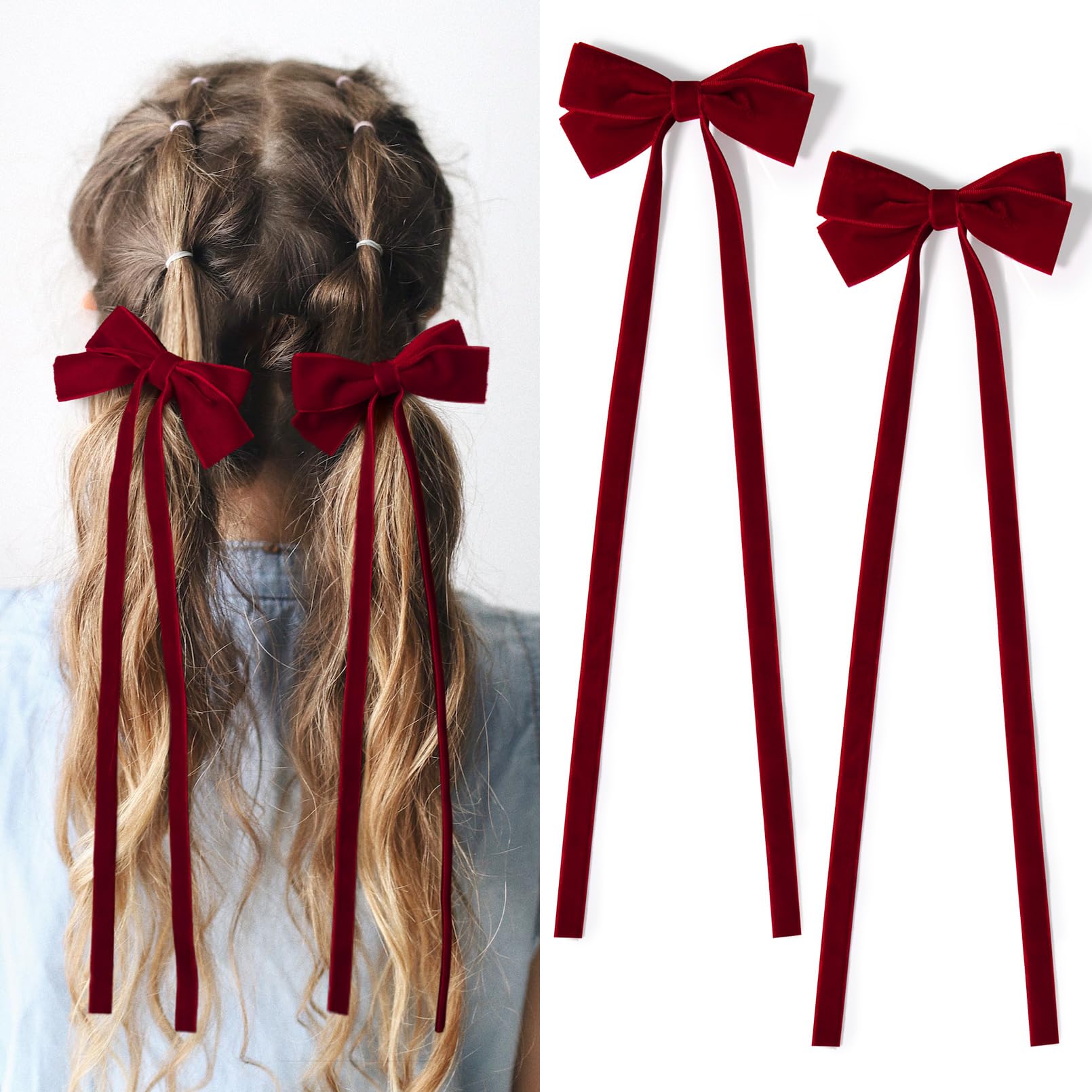 2PCS Velvet Hair Bows Ribbon Hair Clip Red Ponytail Holder Accessories Slides Metal Clips Hair Bow for Women Girls Toddlers Teen