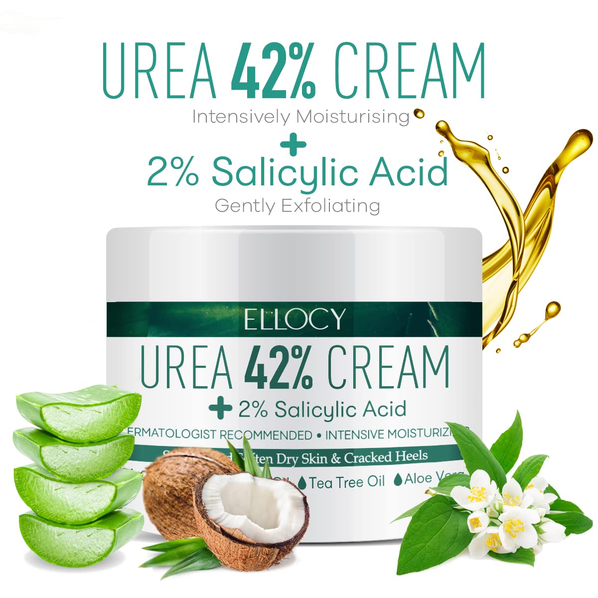 Ellocy Urea 42% Foot Cream for Dry Cracked Heels, 5.29 Oz, Salicylic Acid, White, Cracked Heel Repair, Callus Remover