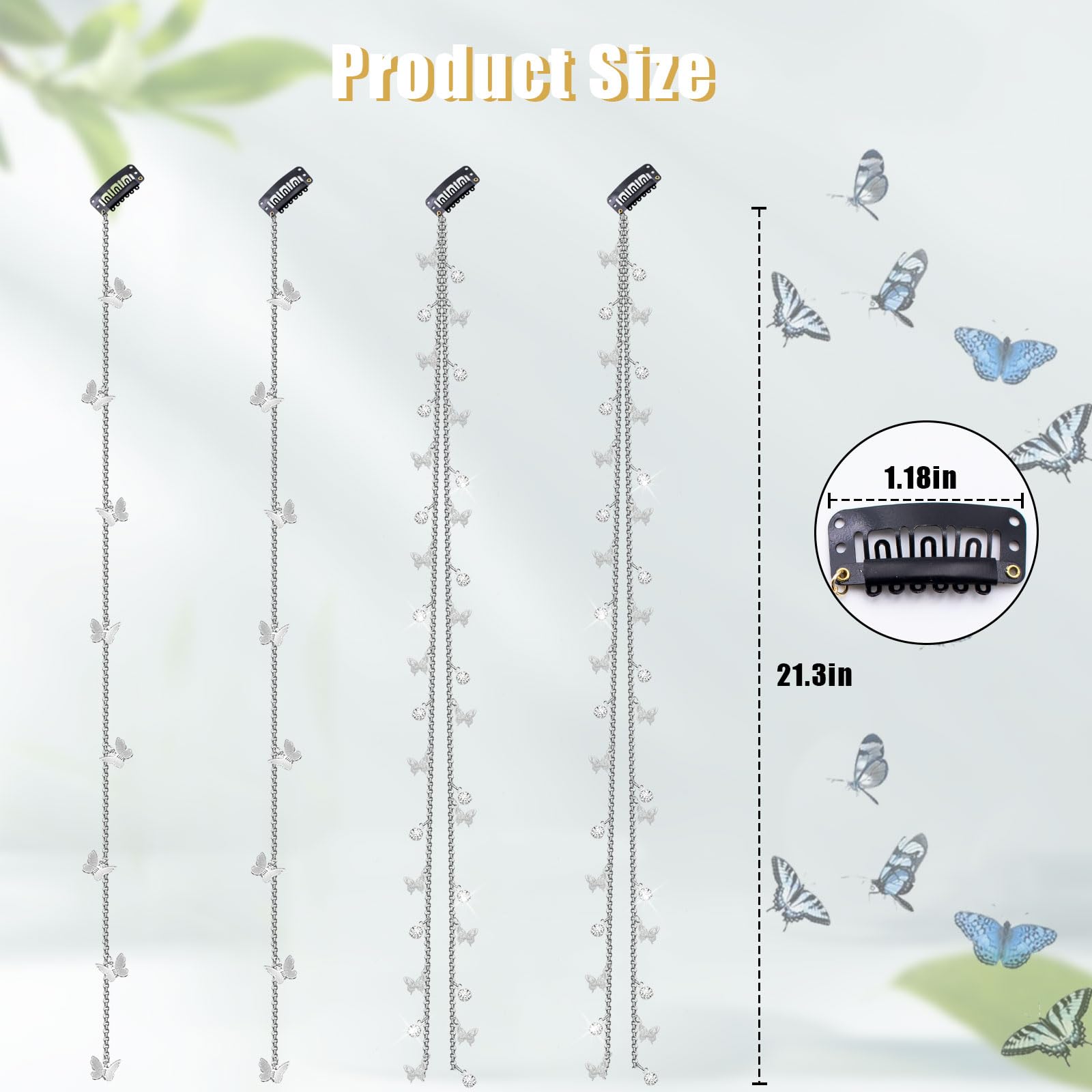 Dexspoeny 4Pcs Butterfly Tassel Hair Clips, Silver Hair Chain, Rhinestones Hair Jewelry For Braids, Tassel Hair Accessories For