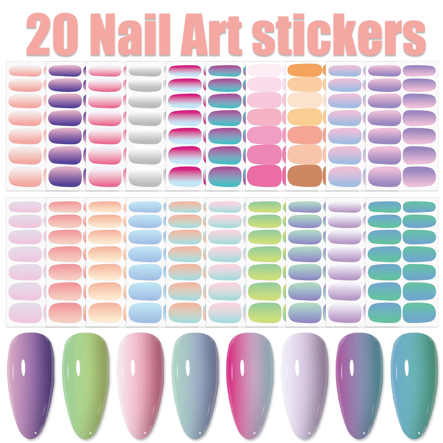 Wokoto 20 Sheets 280 Pieces 3D Solid Gradient Nail Polish Strips For Women Cat Eye Design Nail Art Gel Stickers Wraps Gel Nail S
