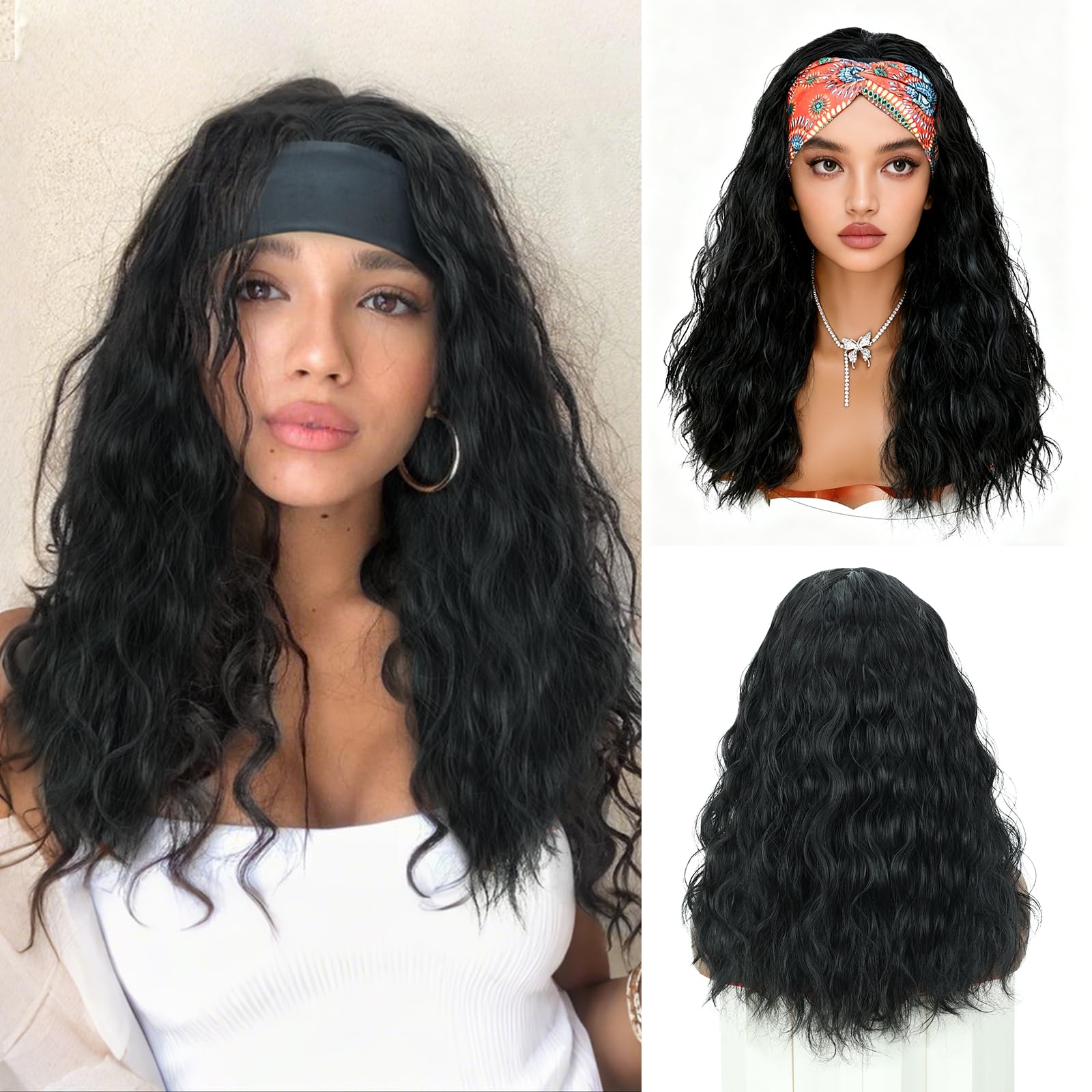 Creamily Long Black Curly Headband Wig For Women,Wavy Synthetic Hair Wig With Headband, Glueless None Lace Front Wigs,Hair Wigs 