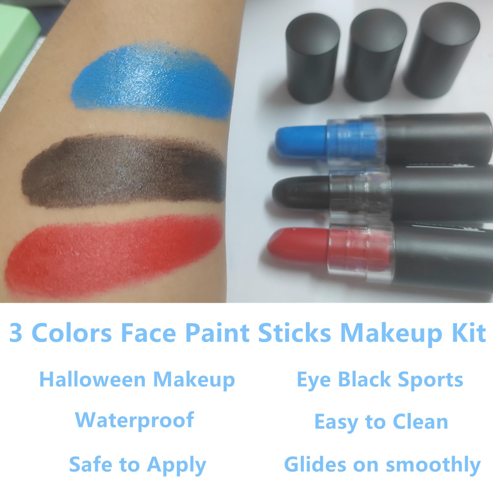 Go Ho 3 Pcs Red Black And Blue Cream-Blendable Stick - 3 Colors Face Body Paint Stick,Eye Black Baseball Sticks Face Paint For B