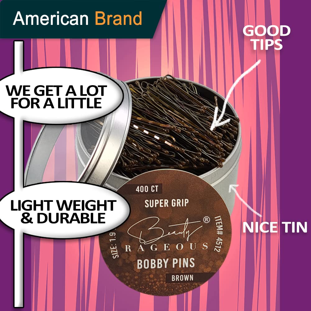 Super Grip Brown Bobby Pins - 400 Ct Approx - Handy Reusable Tin