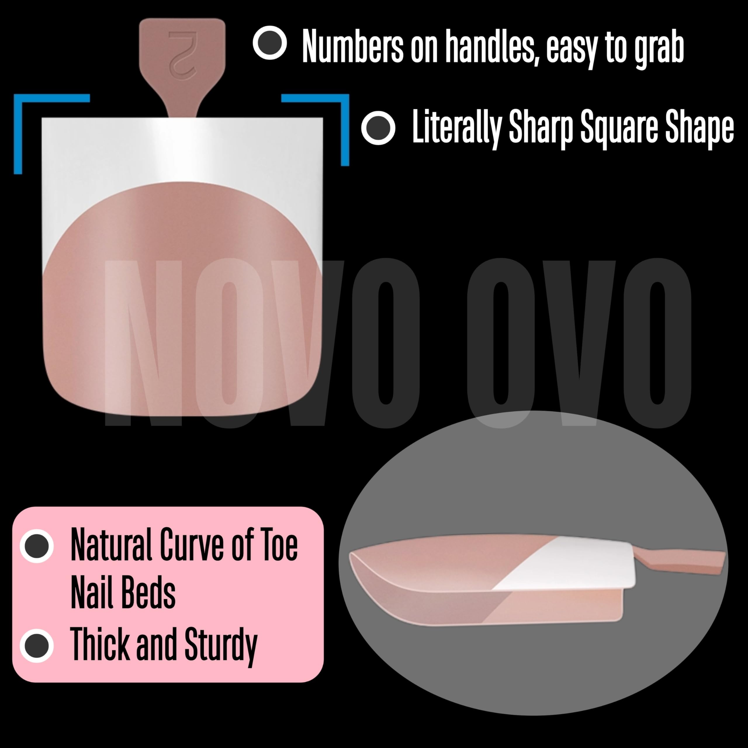 NOVO OVO French Tip Toe Nail Tips Press on, Sharp Square Pre-Designed Soft Gel False Toenail Extension, BROWN PINK Pre-applied T