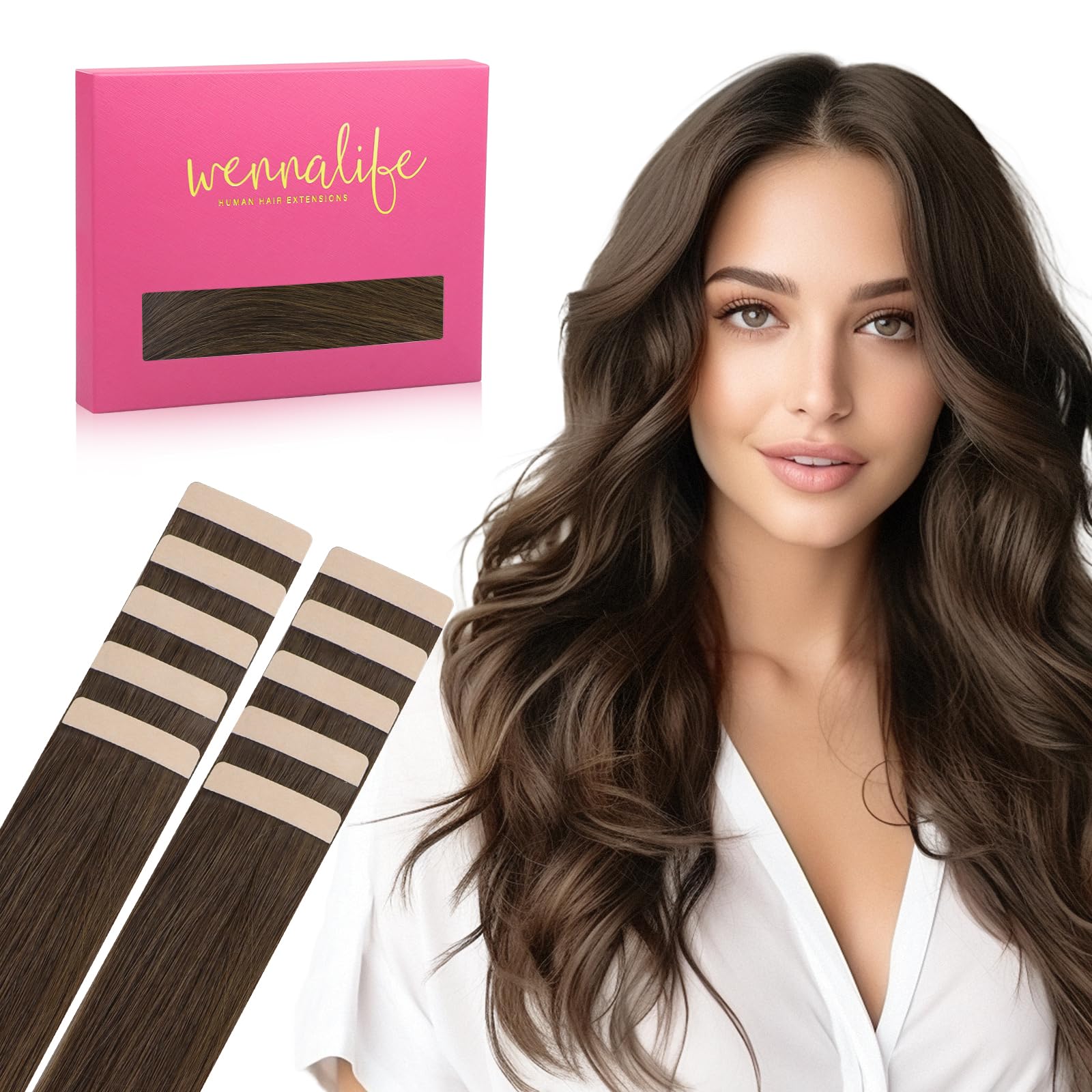 Wennalife Tape In Hair Extensions Human Hair Chocolate Brown Tape In Extensions, 10Pcs 30G 22 Inch Remy Invisible Tape Ins Strai