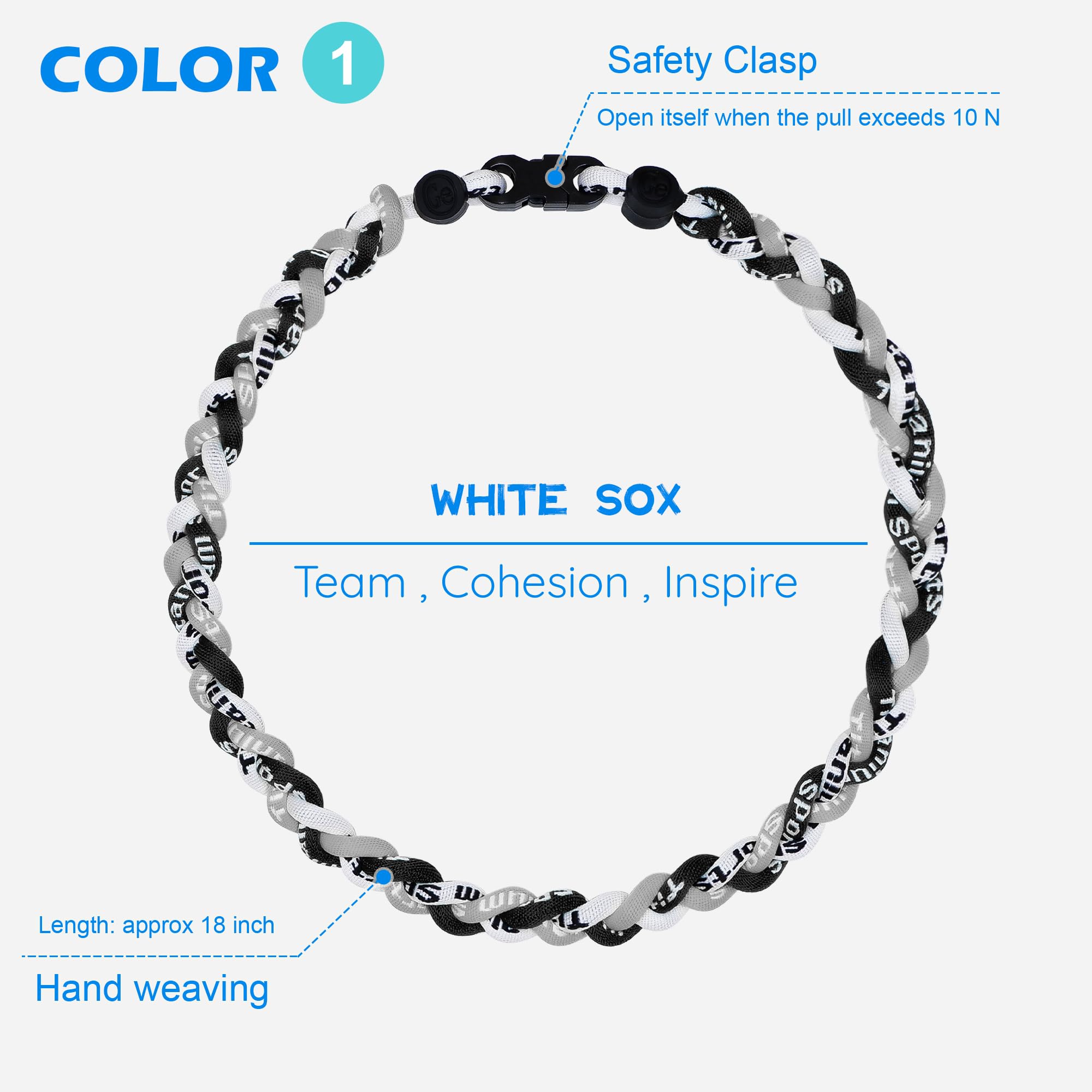 SUPBOMM 3 pcs Baseball Rope Necklaces, League Team Colors Braided Necklace, Baseball Team Gifts, White Sox