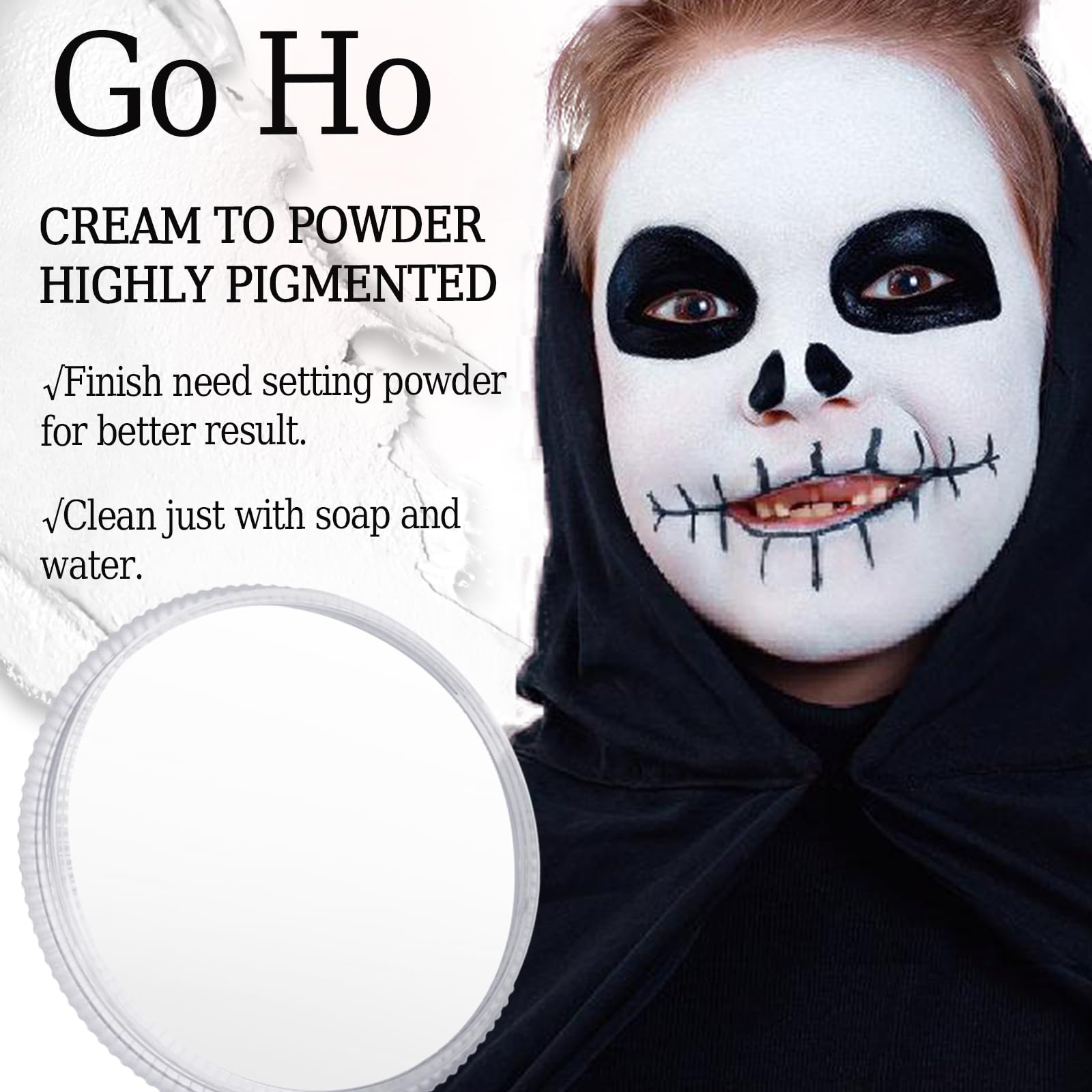 Go Ho White Pressed Face Paint Washable,Creamy to Powder Professional White Face Body Paint for Halloween Cosplay SFX Skull Clow