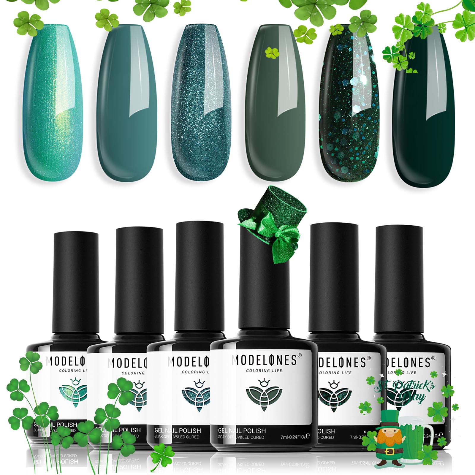 Modelones Ethereal Green Gel Nail Polish Set - 6 Colors Mermaid Lagoon Dark Green Gel Polish Kit Turquoise Glitter Gel Polish So