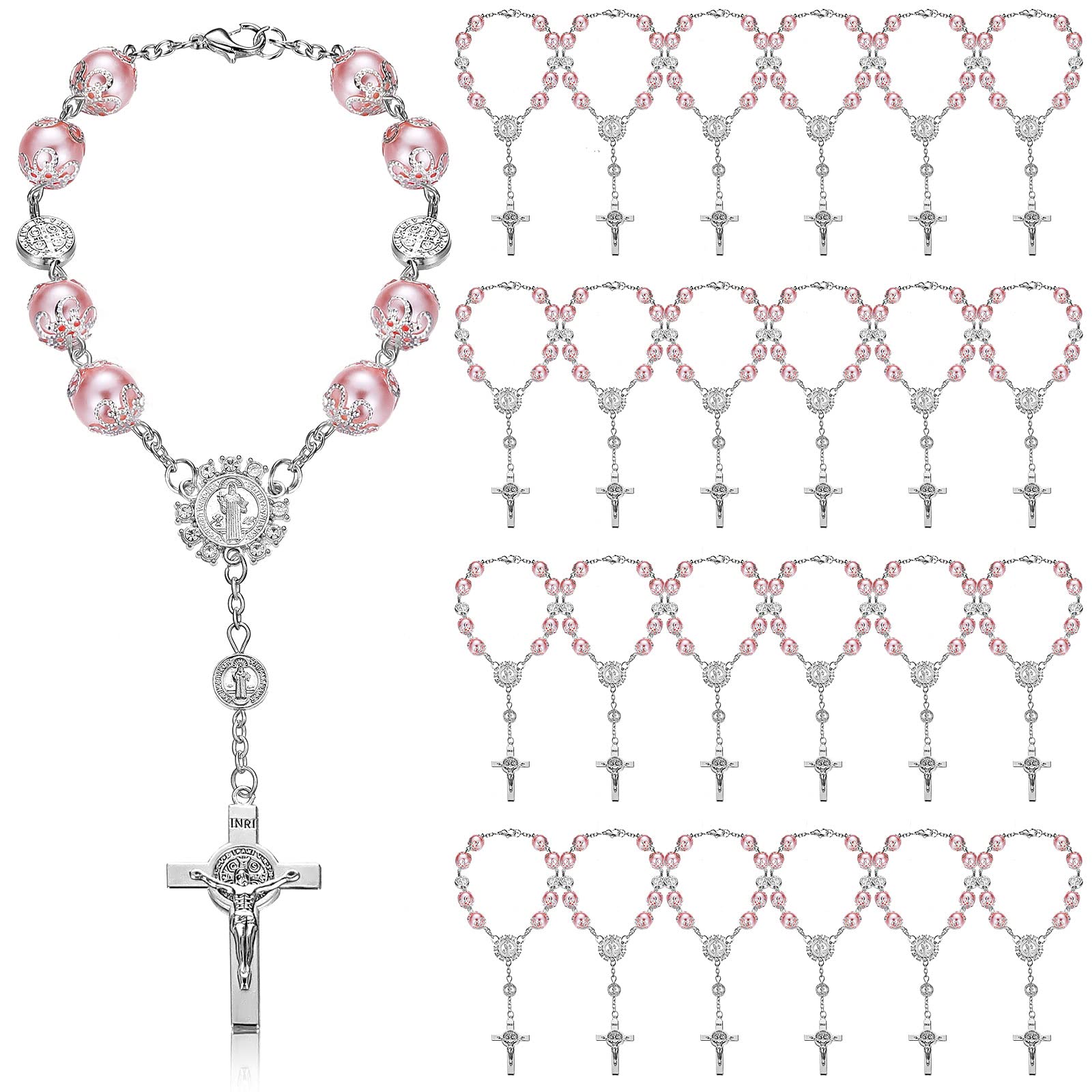 Tudomro 24 Pieces Baptism Rosary Pink Glass Rosary Beads Finger Baptism Rosaries Faux Pearls for Baptism Favors Christening Favo
