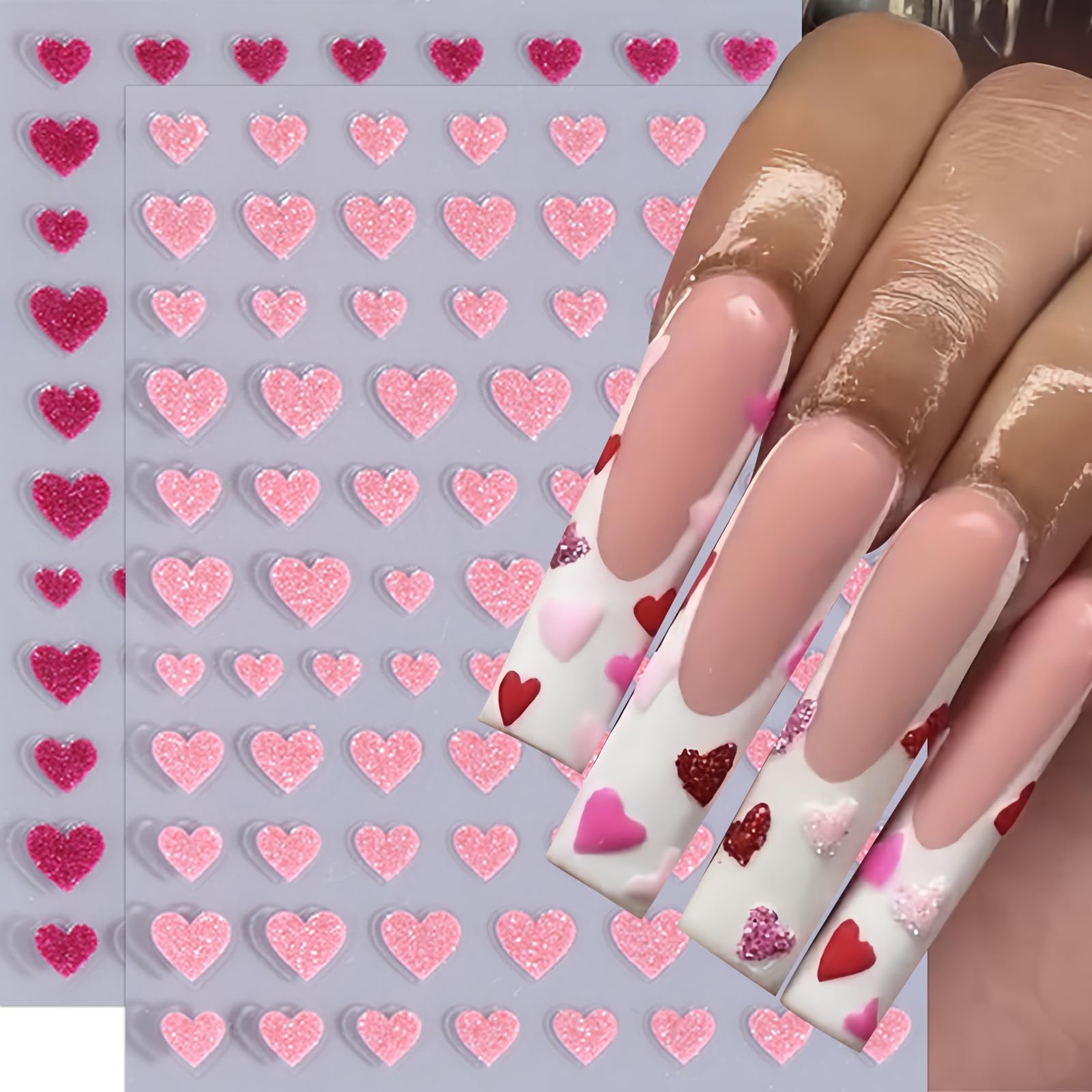6Sheets Heart Nail Stickers Decals Shiny Love Nail Decals 3D Self Adhesive Colorful Glitter Hearts Nail Supplies Valentines Day