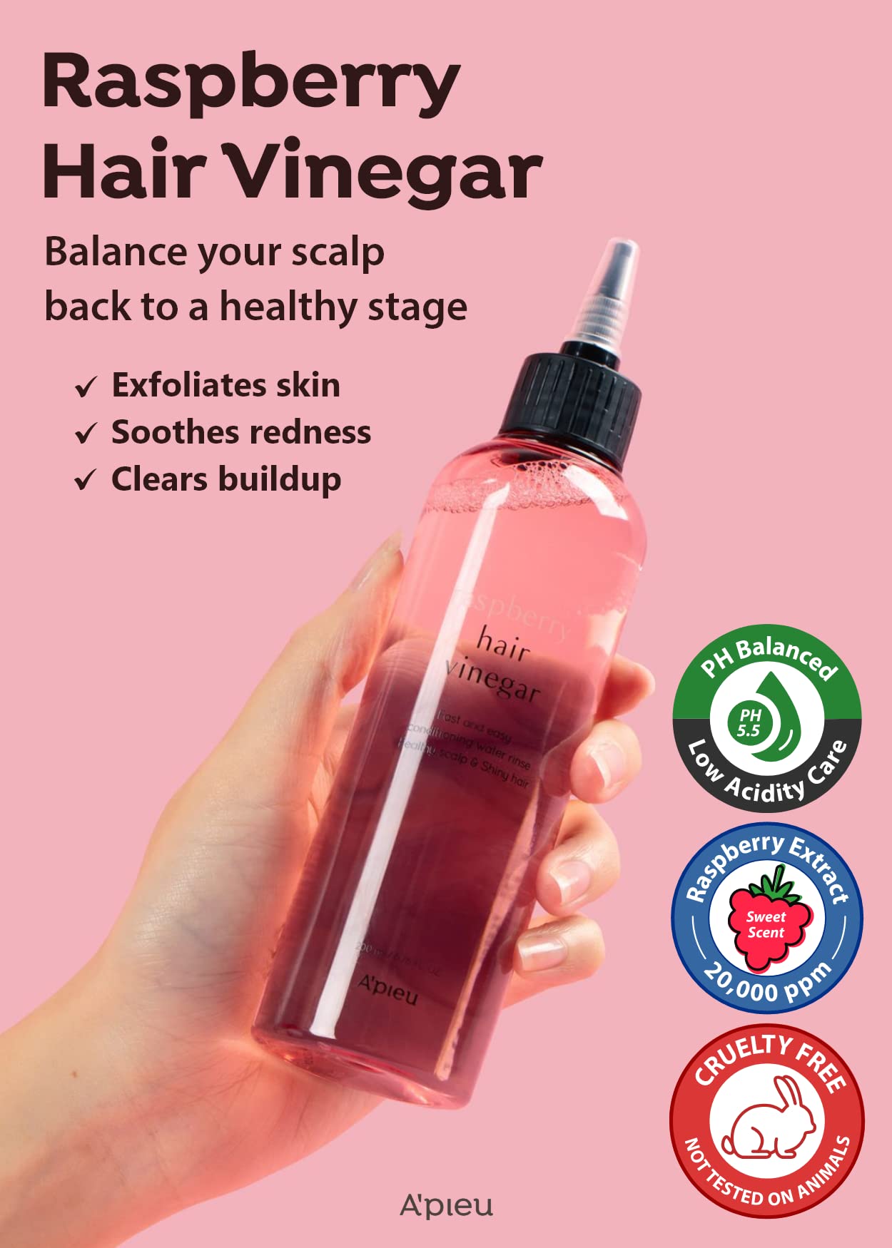Apieu Raspberry Hair Vinegar Rinse 6.76 Fl Oz - Scalp Treatment For Balanced Ph, Shiny Hair | Clarifies & Encourages Growth | Da