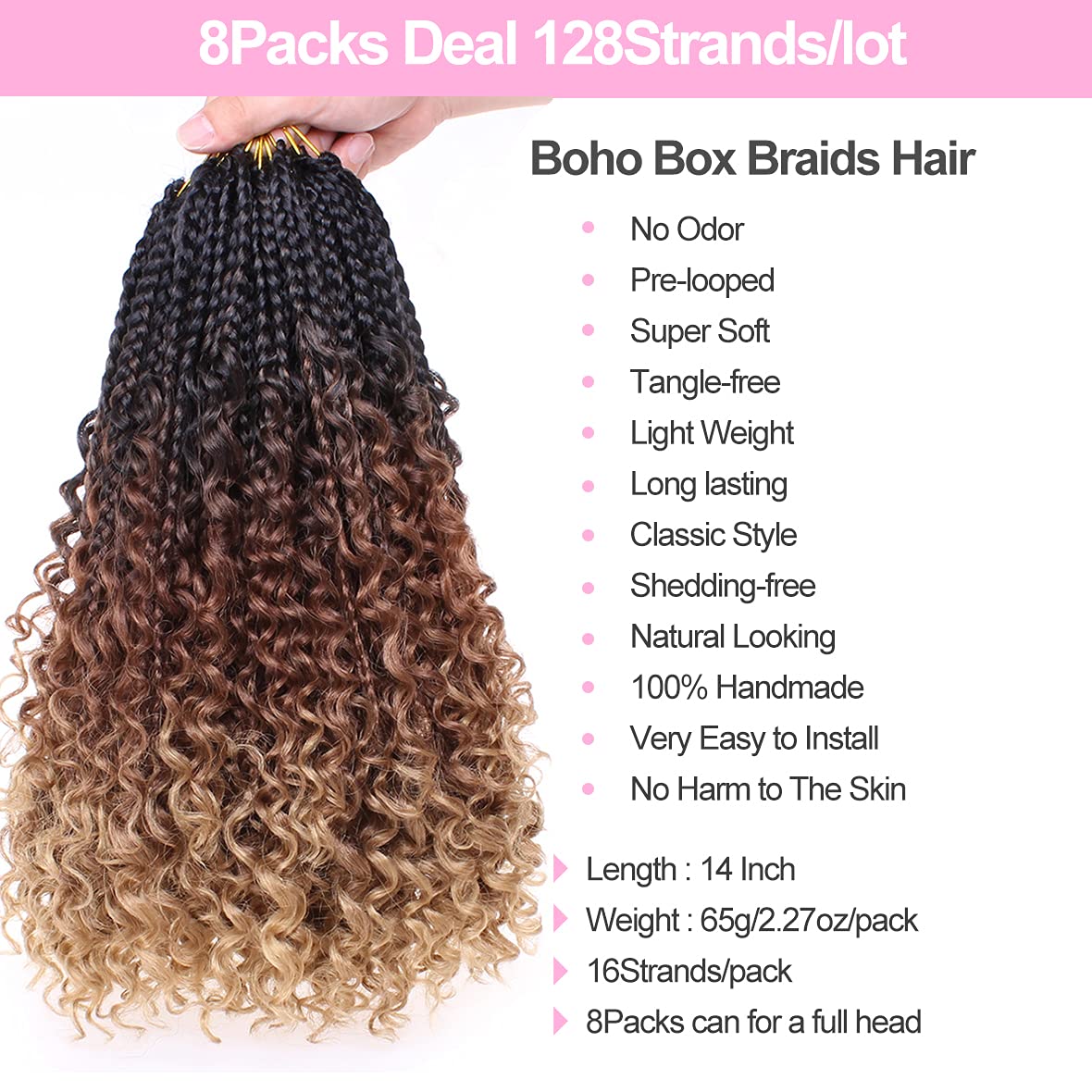 Unionbeauty 8 Packs 14 Inch Boho Box Braids Crochet Hair With Curly Ends Bob Bohemian Hippie Braids Pre-Looped Messy Goddess Box