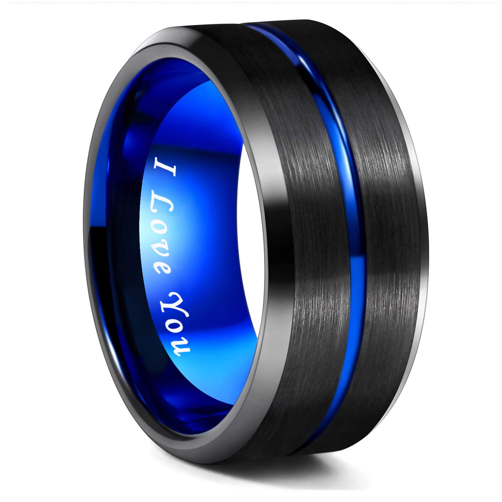 Greenpod 10MM Black Tungsten Ring for Men Thin Blue Line Groove Beveled Edge Wedding Band I Love You Comfort Fit Size 13