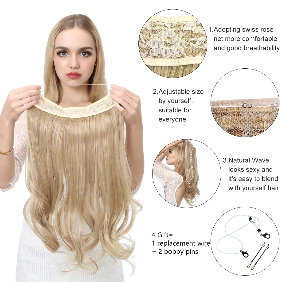 Sarla Short Invisible Wire Hair Extensions Black Adjustable Transparent Headband 14 Inch Wavy Curly Synthetic Hairpiece For Wome