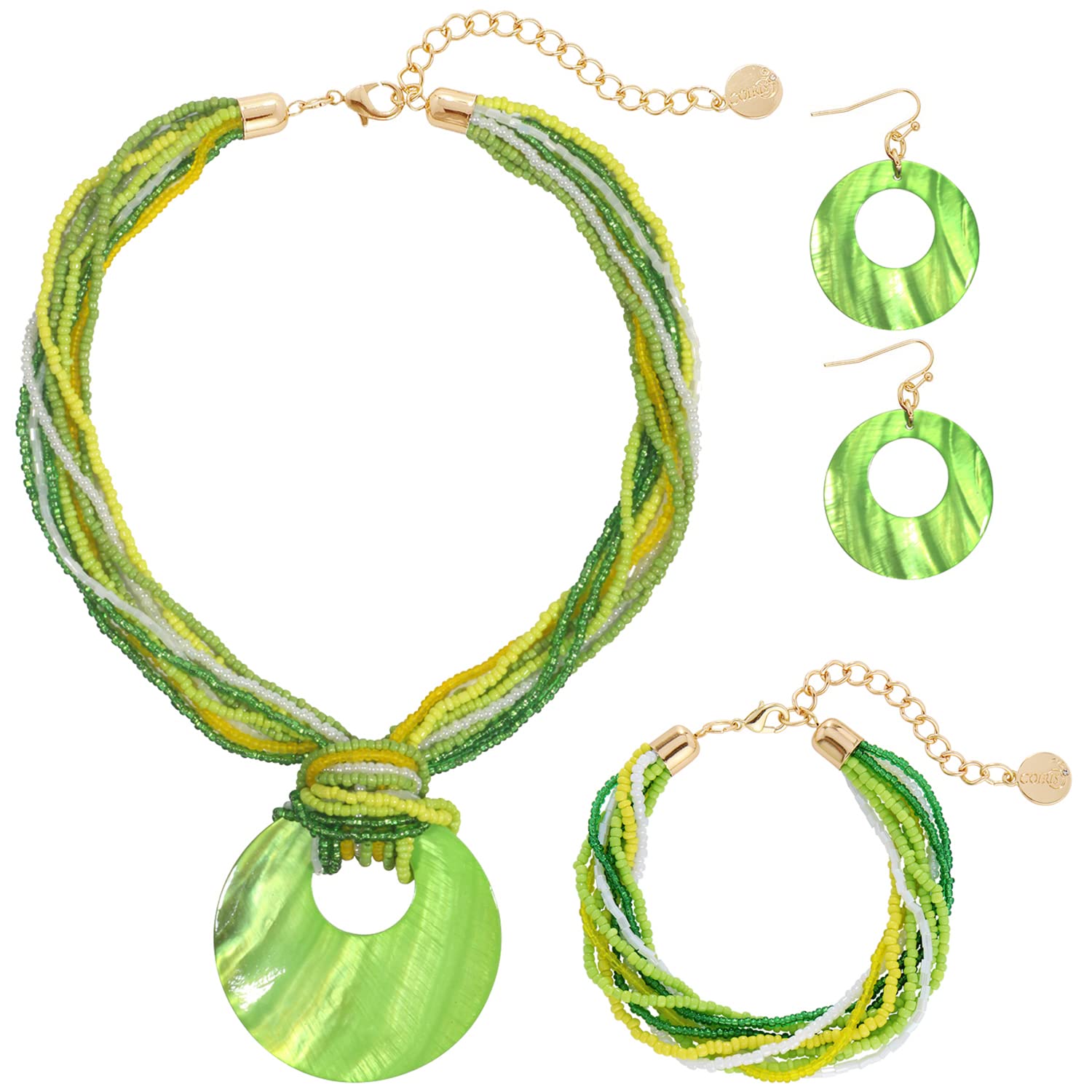 Coiris Multi Strand Statement Colorful Beaded Necklace Earrings Set with Big Circle Shell Pendant for Women (ST0012-Jasmine Gree