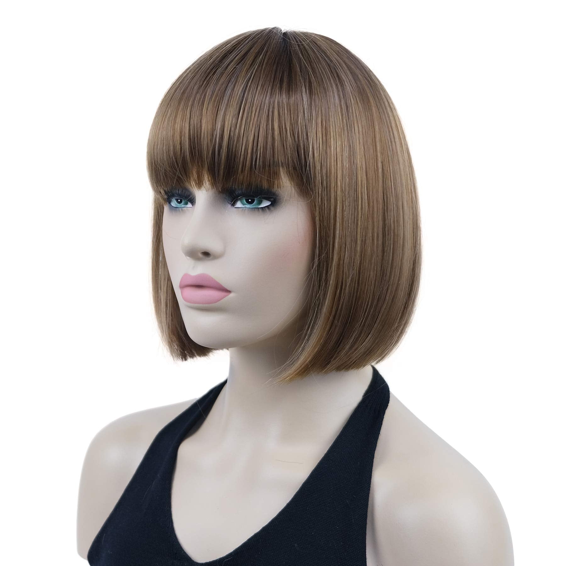 Lydell 8'' Straight Short Bob Hair Flat Bangs Cute Central Dot Skin Top Heat Resistant Synthetic Wigs (V6 Light Reddish Brown Wi