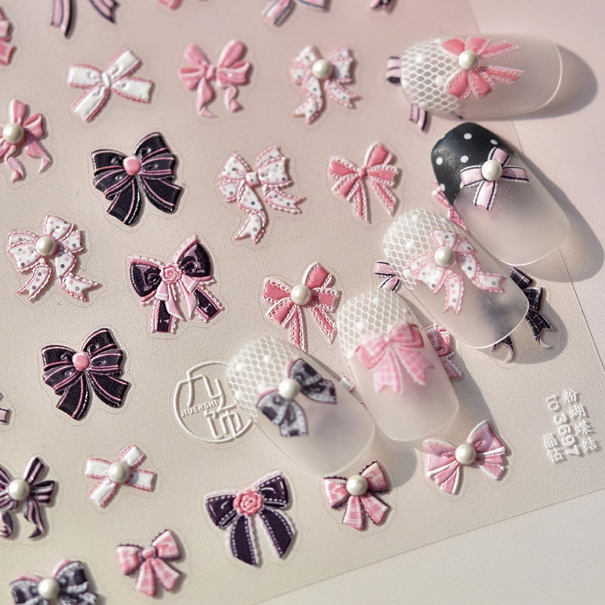 Pink Bow Nail Art Stickers 5D Embossed Kawaii Bow Nail Decals with Pearl 1PCS Cute Pink Bowknot Valentines Nail Designs Adhesive