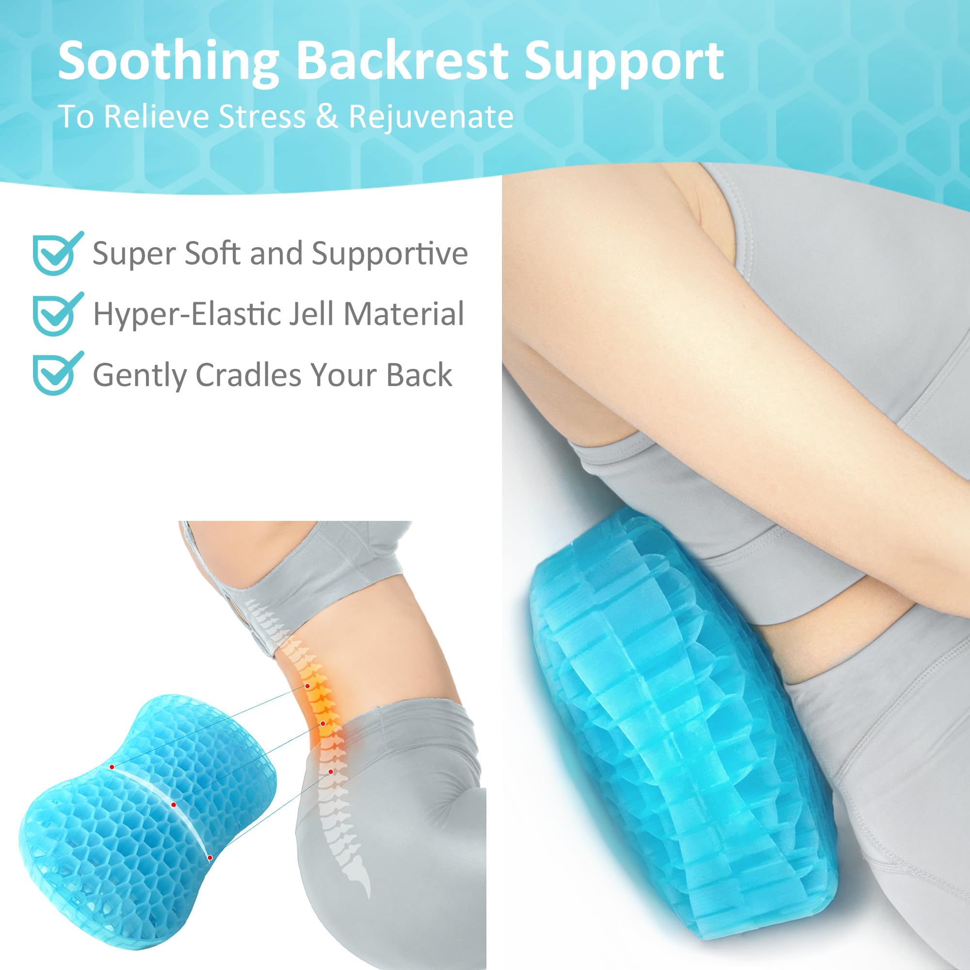 Sunlit Bath Jello Gel Bath Pillows, Lumbar Pillow For Bathtub, Back Support Pillow, Gel Pillow With Non-Slip Suction Cups For Lu