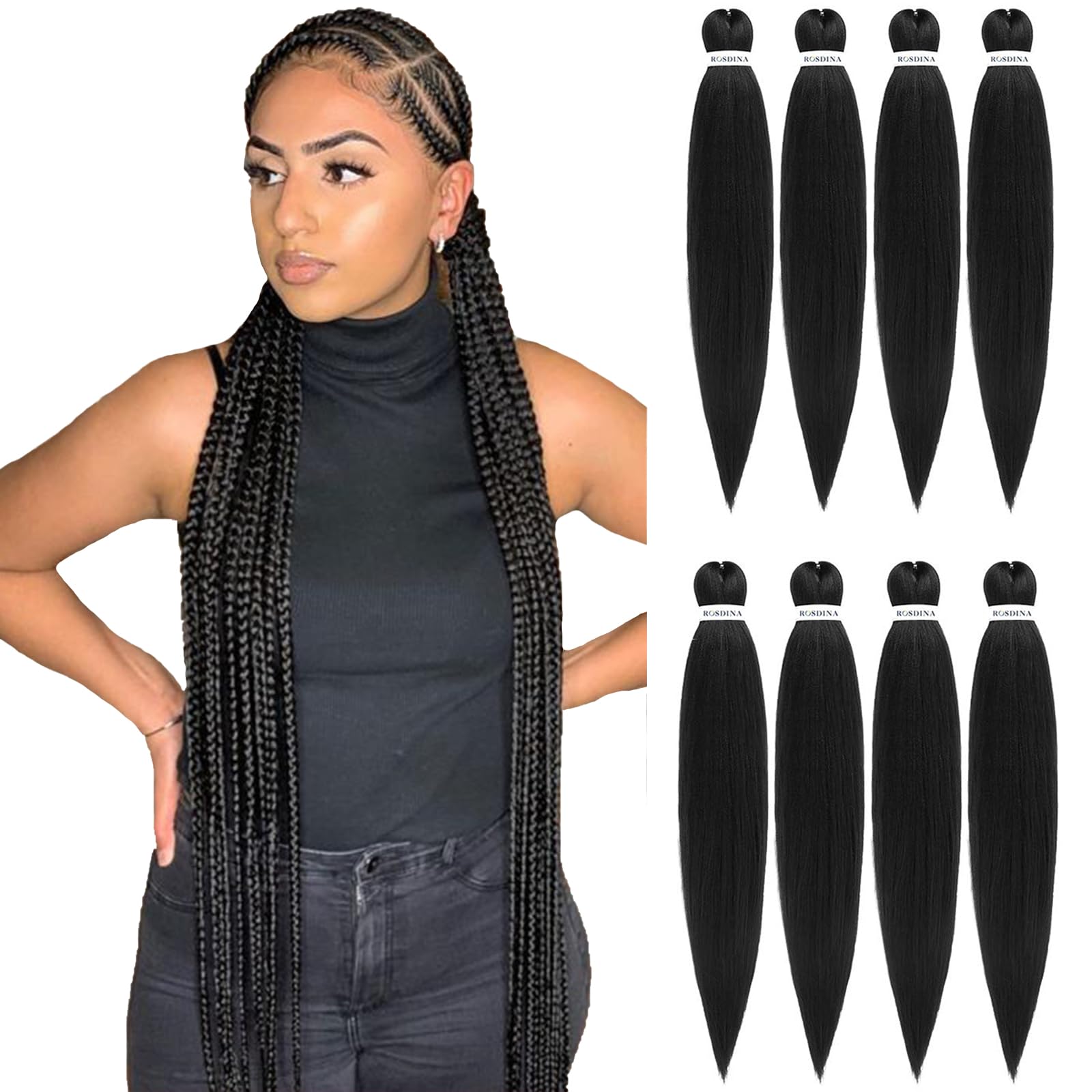 Rosdina Pre-Stretched Braiding Hair - 40 Inch 8 Packs Natural Black Super Long Braiding Hair For Twist Or Box Braids, Yaki Textu