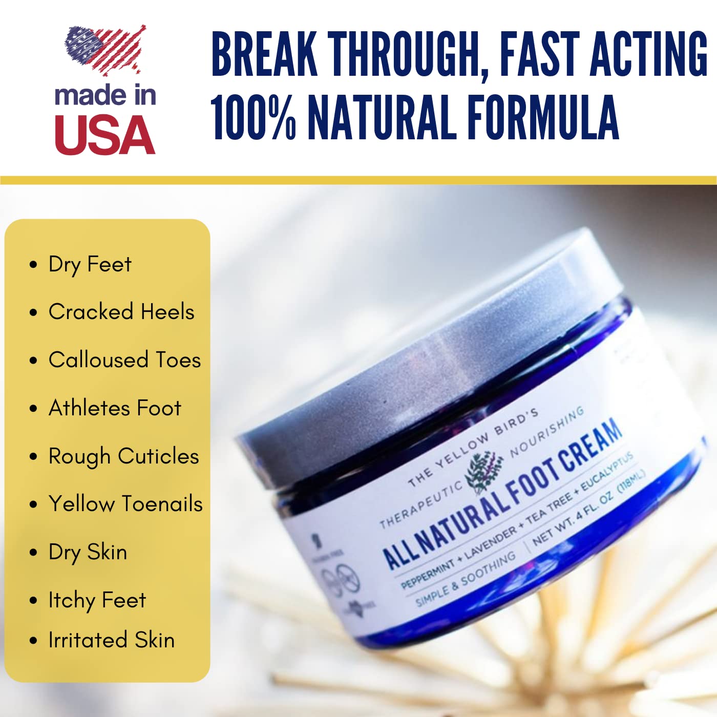 Yellow Bird Foot Cream - Hydrating Tea Tree Oil Foot Balm with Essential Oils. Natural Athletes Foot Treatment. Moisturizing Cra
