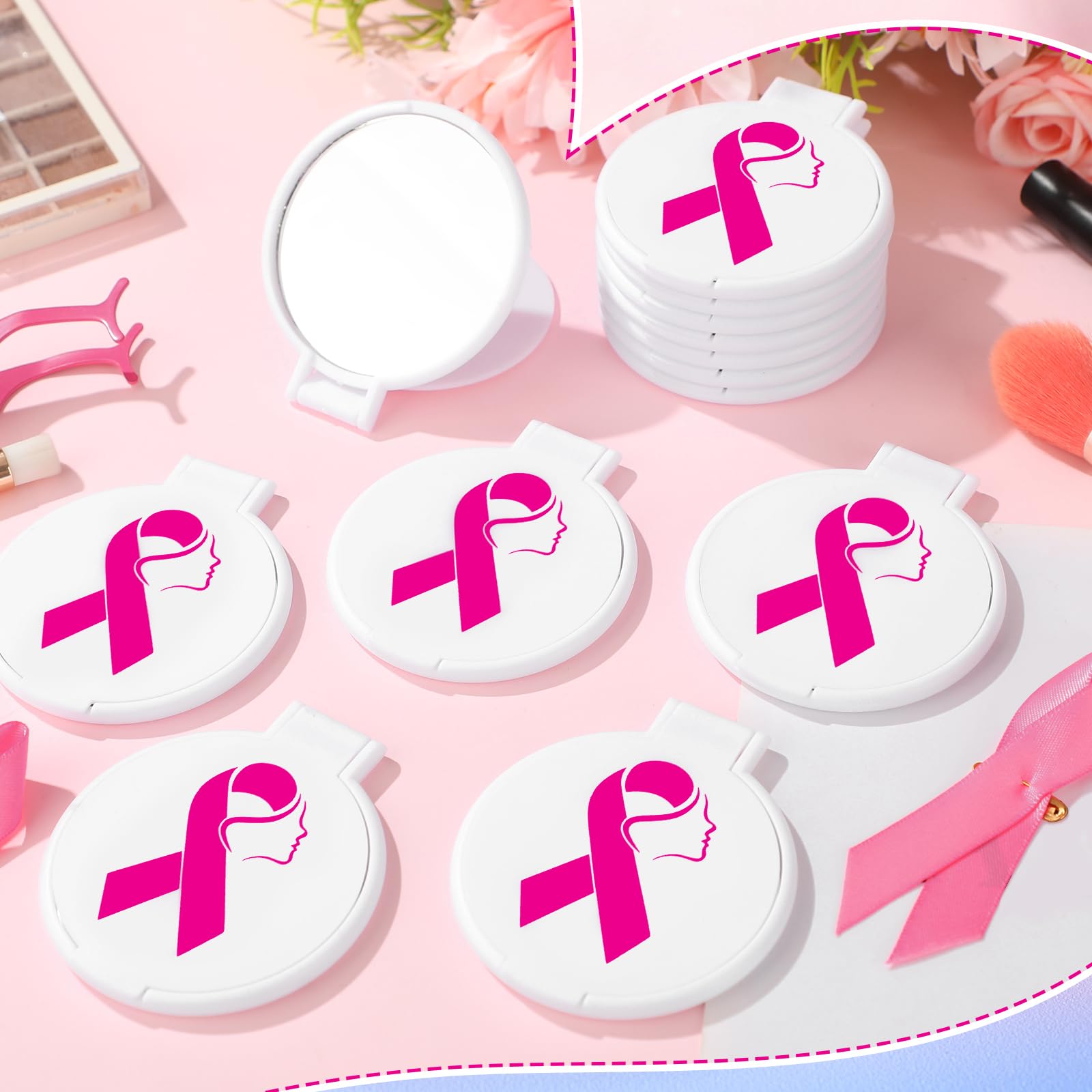 Huwena 100 Pcs Breast Cancer Awareness Accessories Gift Bulk White Pink Ribbon Breast Cancer Compact Mirror for Women Small Pock