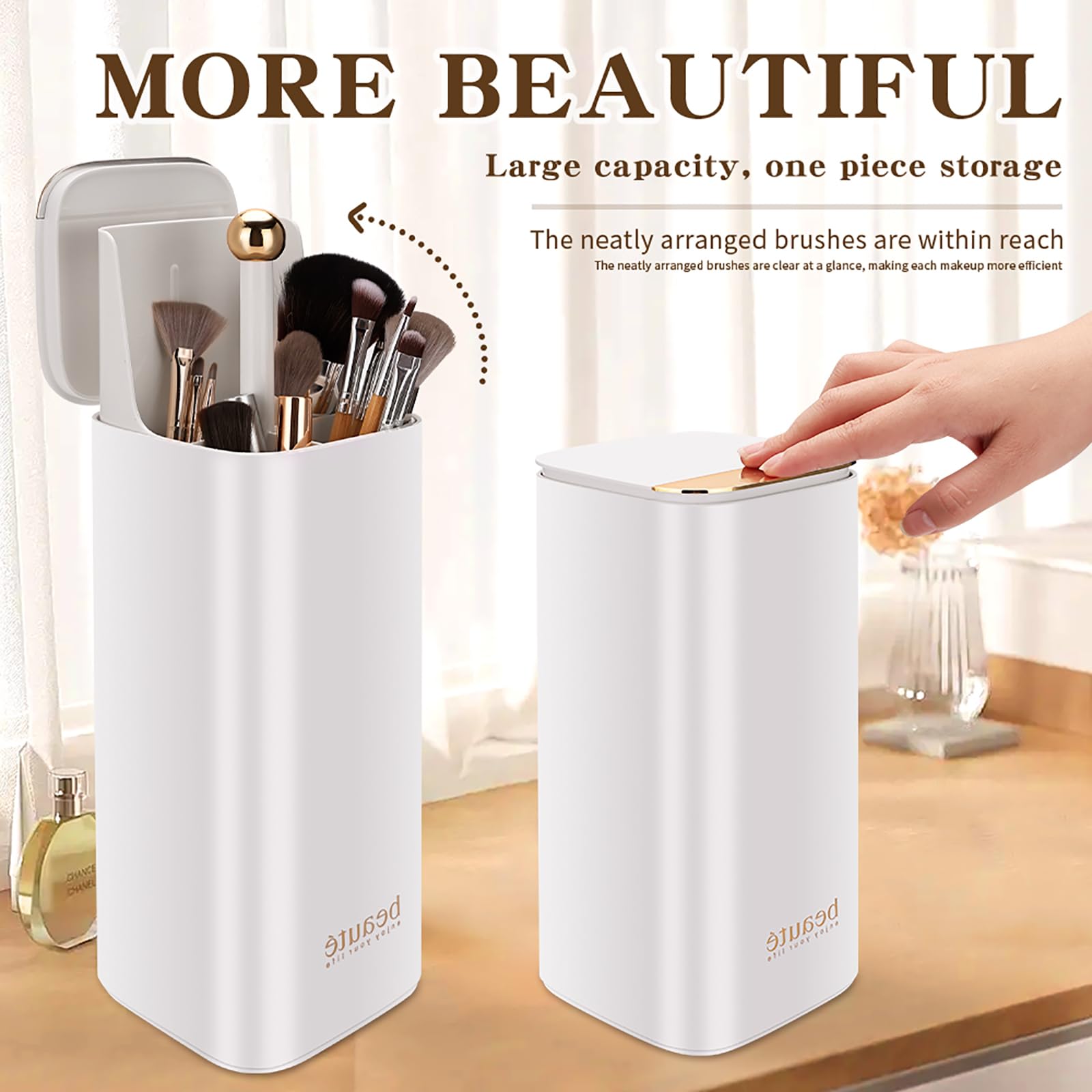 WANGDAWING Makeup Brush Holder with Lid, One Touch for Open, Automatic Lifting Waterproof Dustproof Make Up Organizer for Vanity