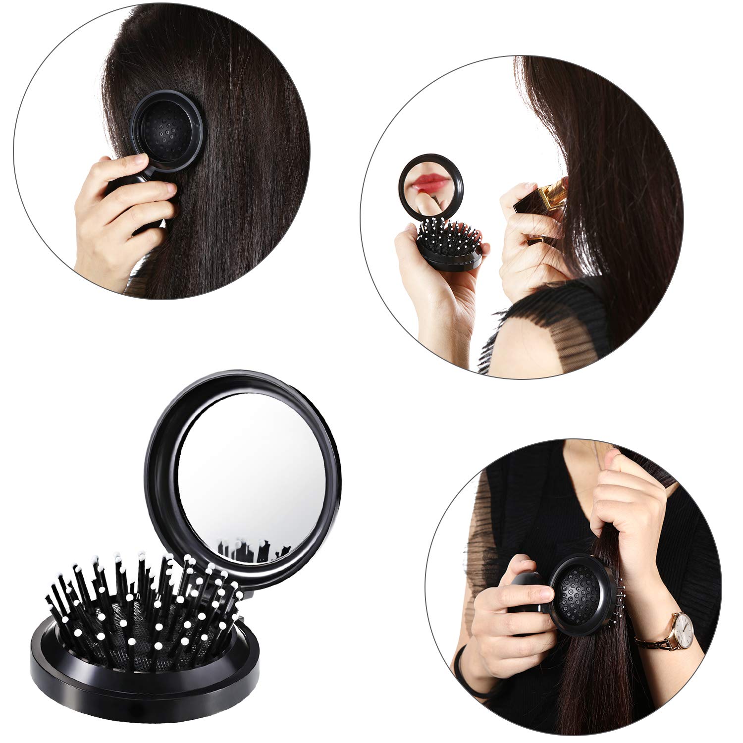 2 Pack Foldable Travel Mirror Hair Brushes Round Portable Folding Pocket Hair Brush Mini Hair Comb Compact Travel Size Hair Mass