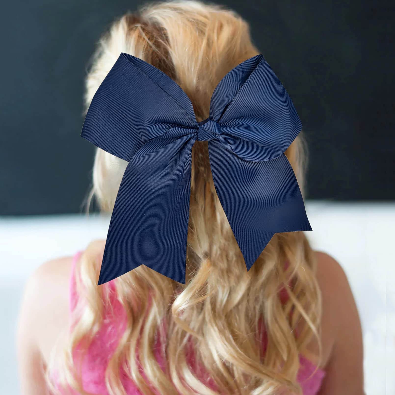 24 Pcs 8'' Large Cheer Bows Navy Blue Girl Hair Bows Cheerleading Softball Team Bow Hair Accessories For Cheerleaders Football C
