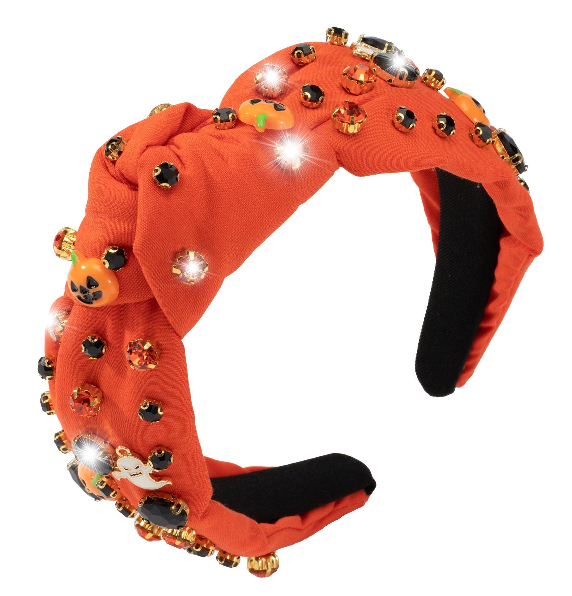 Mixcbe Halloween Rhinestone Knotted Jeweled Headband For Women, Halloween-Pumpkin Orange