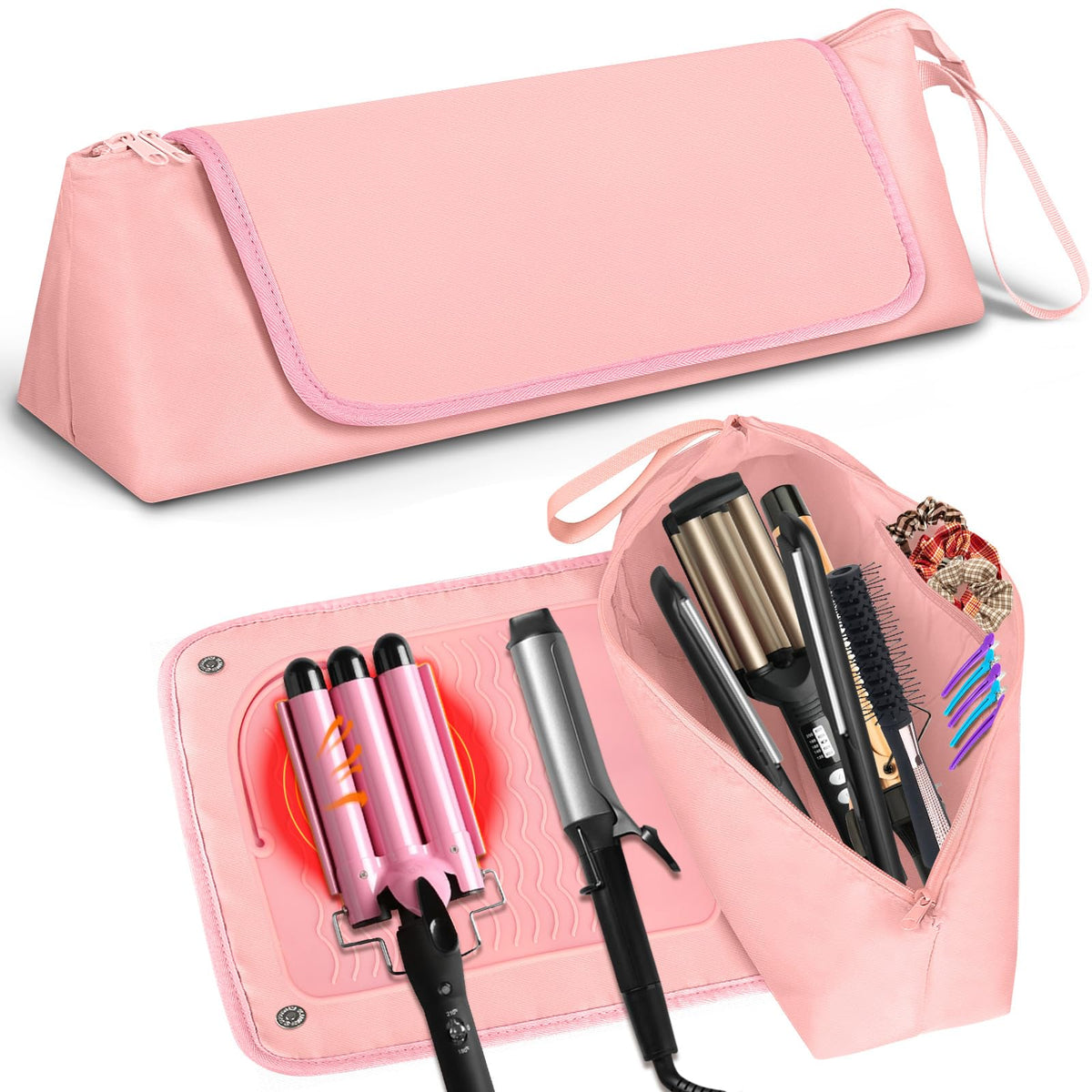 2-in-1 Hair Tools Travel Bag and Heat Resistant Mat for Flat Irons, Straighteners, Curling Iron, and Hair Care Accessories, with
