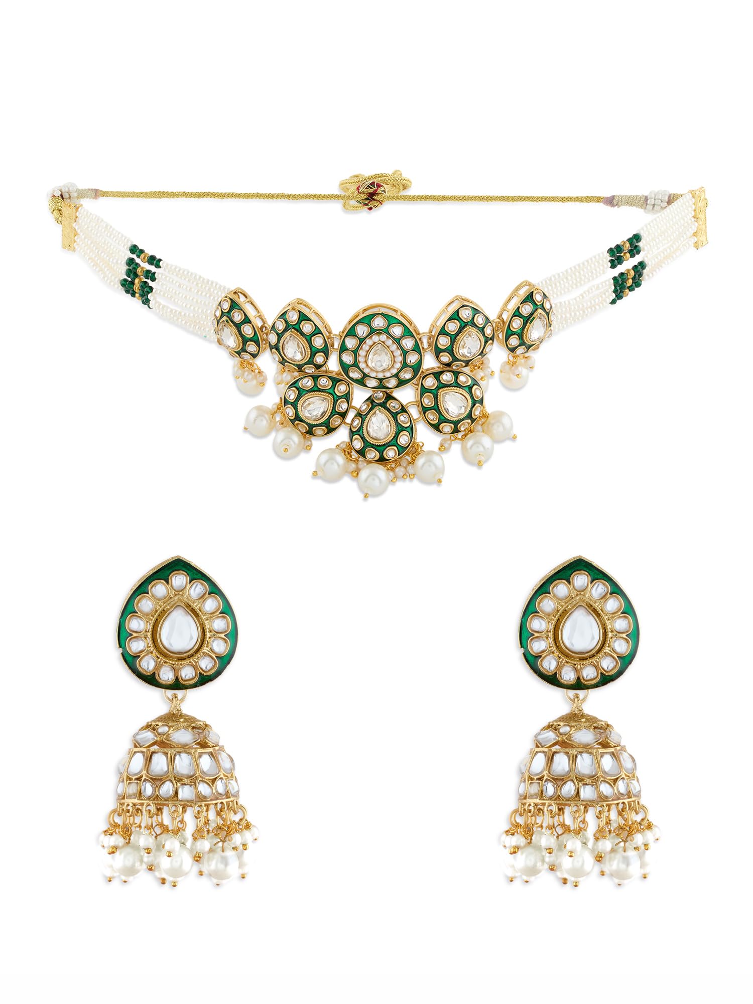 Zaveri Pearls Green Meenakari Dazzling Stones Multistrand Choker Necklace & Earring Set For WomenZpfk21295