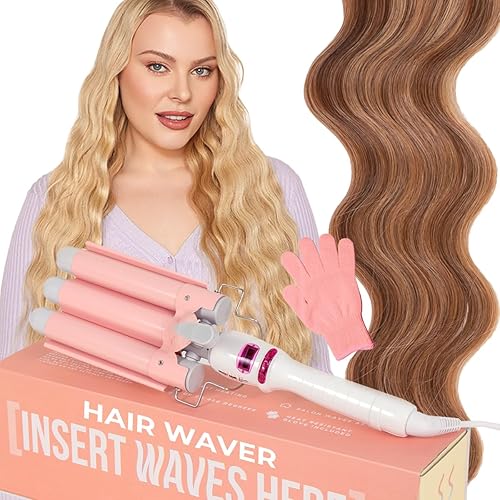 INH Hair Waver 3 Barrel Ceramic Curling Iron for Beach Waves, Salmon Pink, Dual Voltage, LED Screen, 360º Swivel Cord